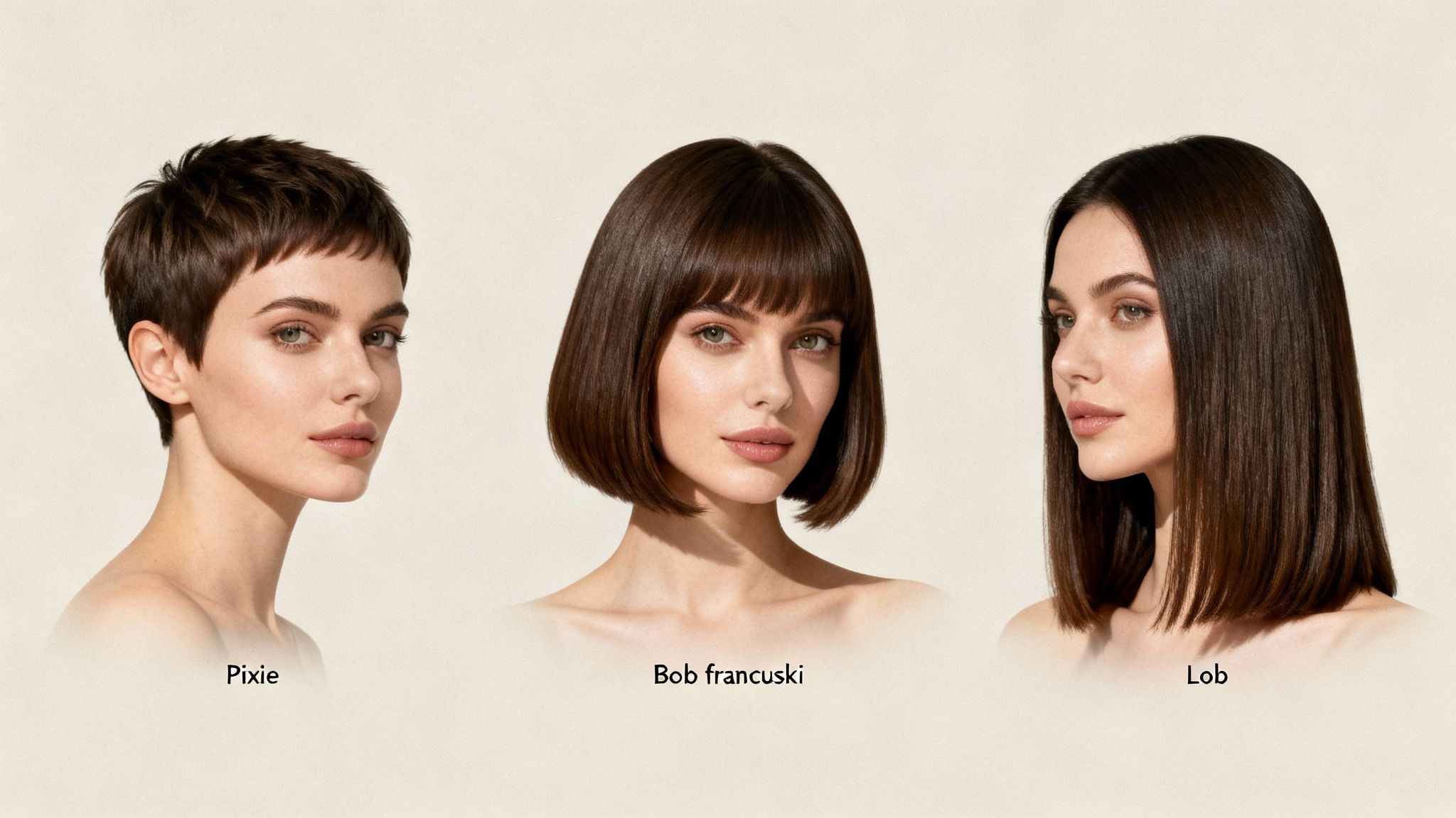 Trzy kobiety prezentujące różne fryzury: pixie, francuski bob i lob, idealne do inspiracji.