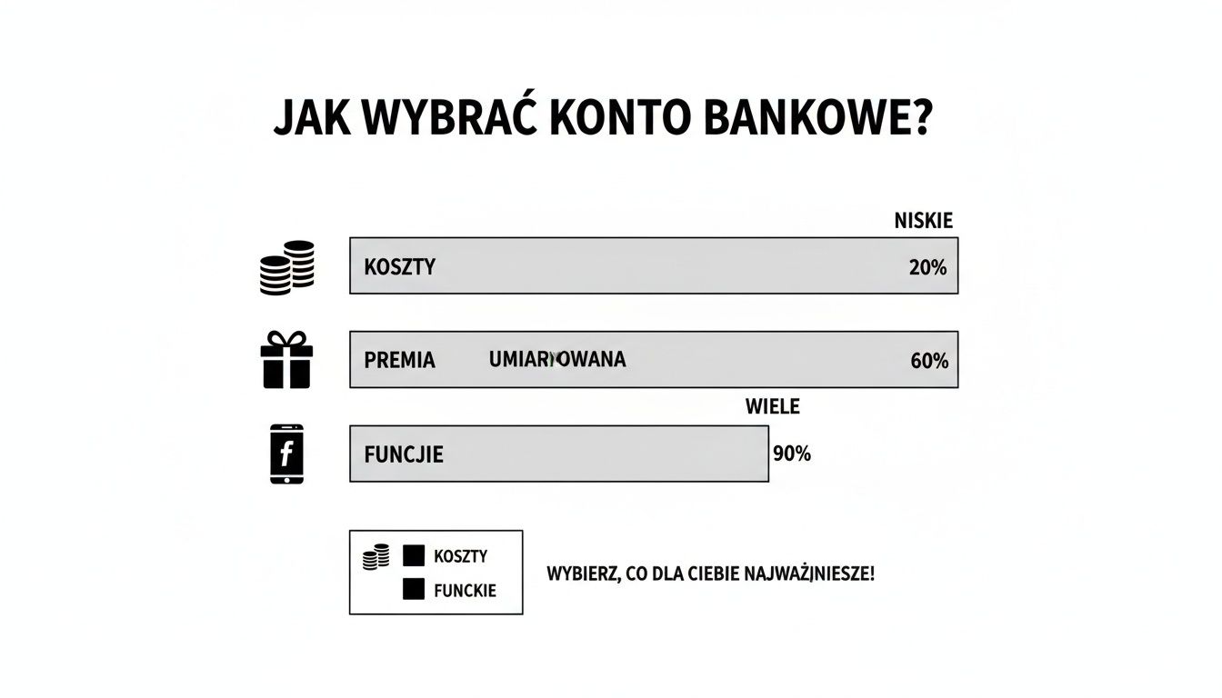 Infografika pokazująca, jak wybrać konto bankowe, z kryteriami takimi jak koszty, premia i funkcje.