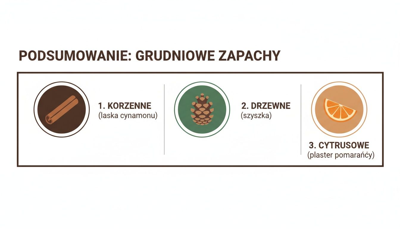 Podsumowanie grudniowych zapachów: korzenne (laska cynamonu), drzewne (szyszka) i cytrusowe (plaster pomarańczy) ilustracje.