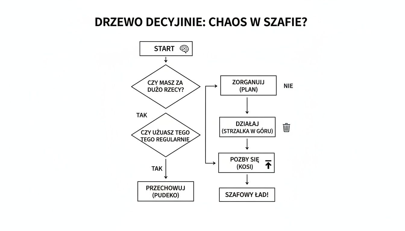 Drzewo decyzyjne i schemat blokowy pomagający uporządkować szafę, pozbyć się zbędnych rzeczy i zaprowadzić ład.