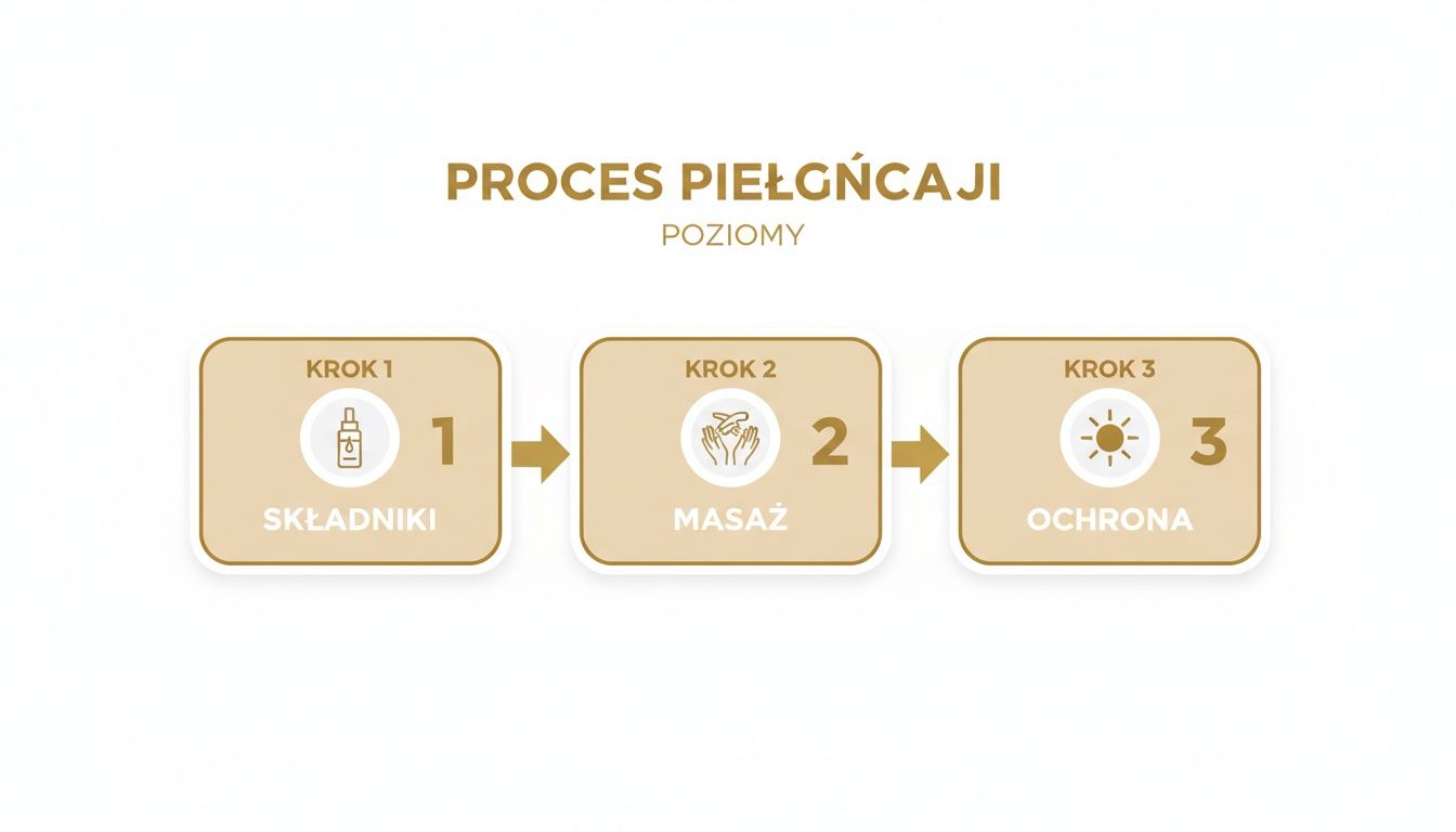 Grafika przedstawiająca trzyetapowy proces pielęgnacji skóry: Krok 1 Składniki, Krok 2 Masaż, Krok 3 Ochrona.
