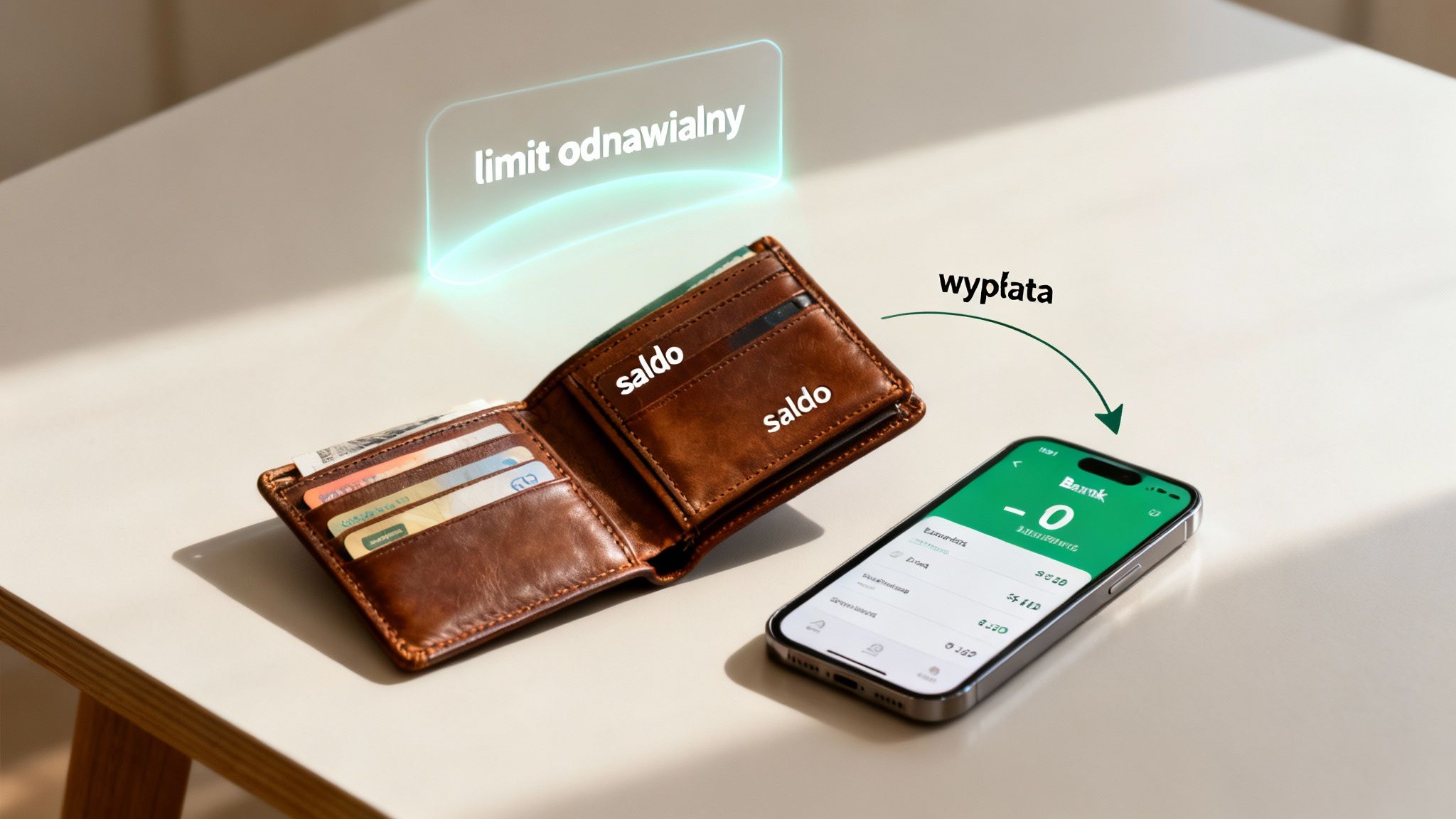 Portfel i smartfon ilustrujące limit odnawialny, saldo oraz wypłatę z aplikacji bankowej.