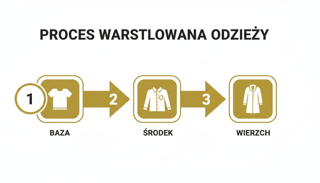 Grafika przedstawiająca trzystopniowy proces warstwowego ubierania się: baza (koszulka), środek (koszula), wierzch (płaszcz).