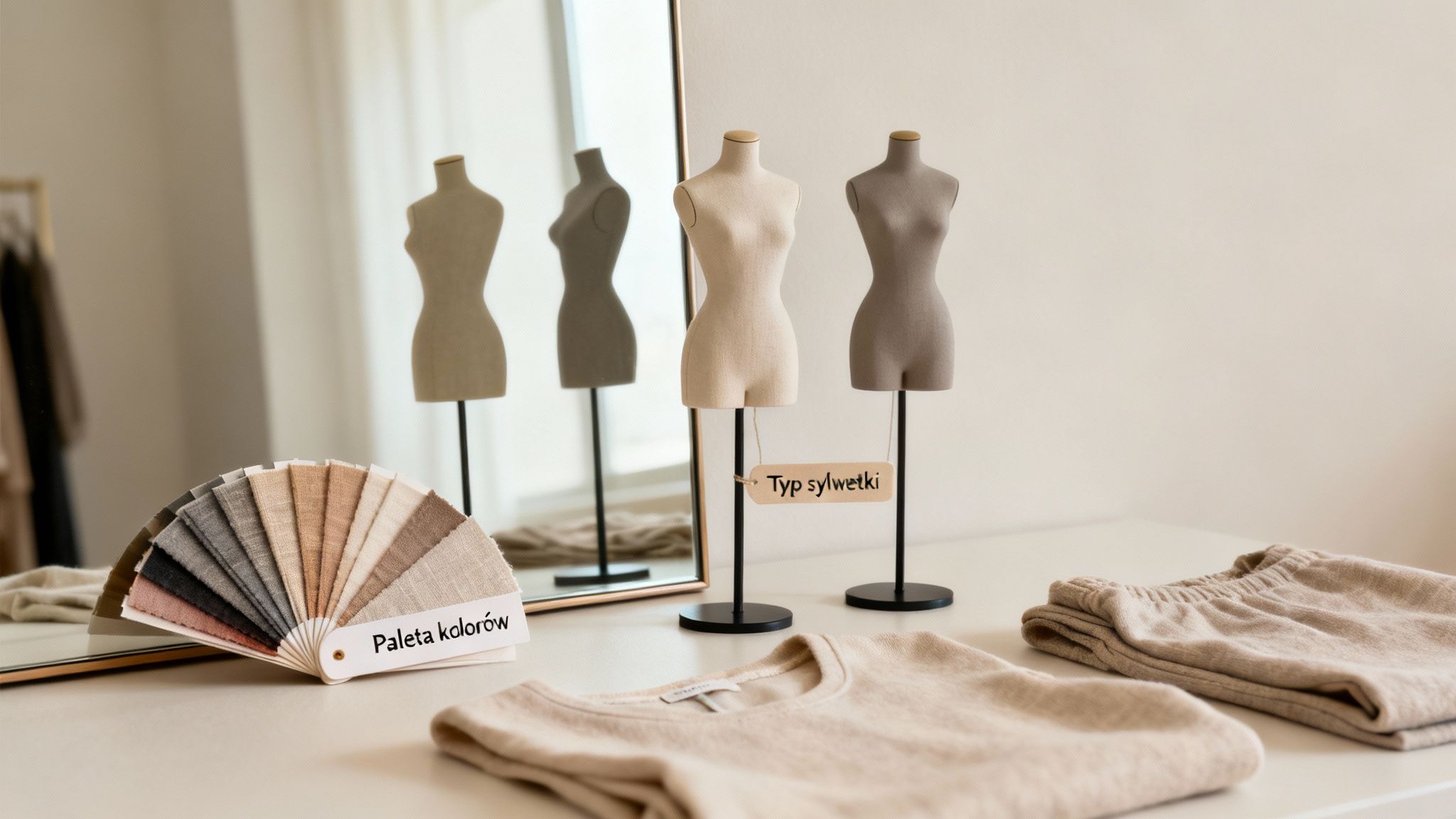 Paleta kolorów tkanin, manekiny krawieckie i ubrania na stole do stylizacji i analizy.