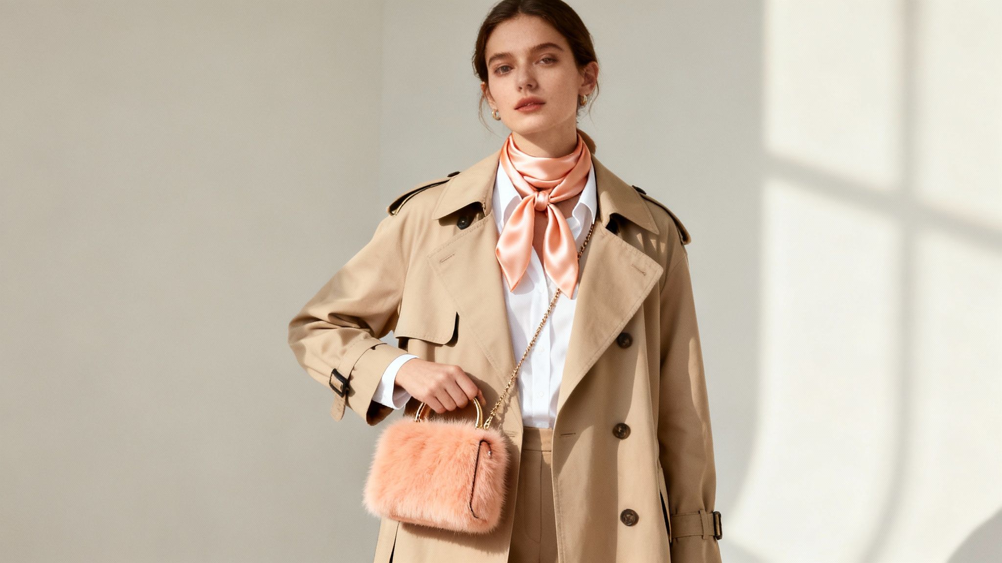 Kobieta w beżowym trenczu, białej koszuli i jedwabnej apaszce, trzymająca pluszową torebkę w odcieniu Peach Fuzz.
