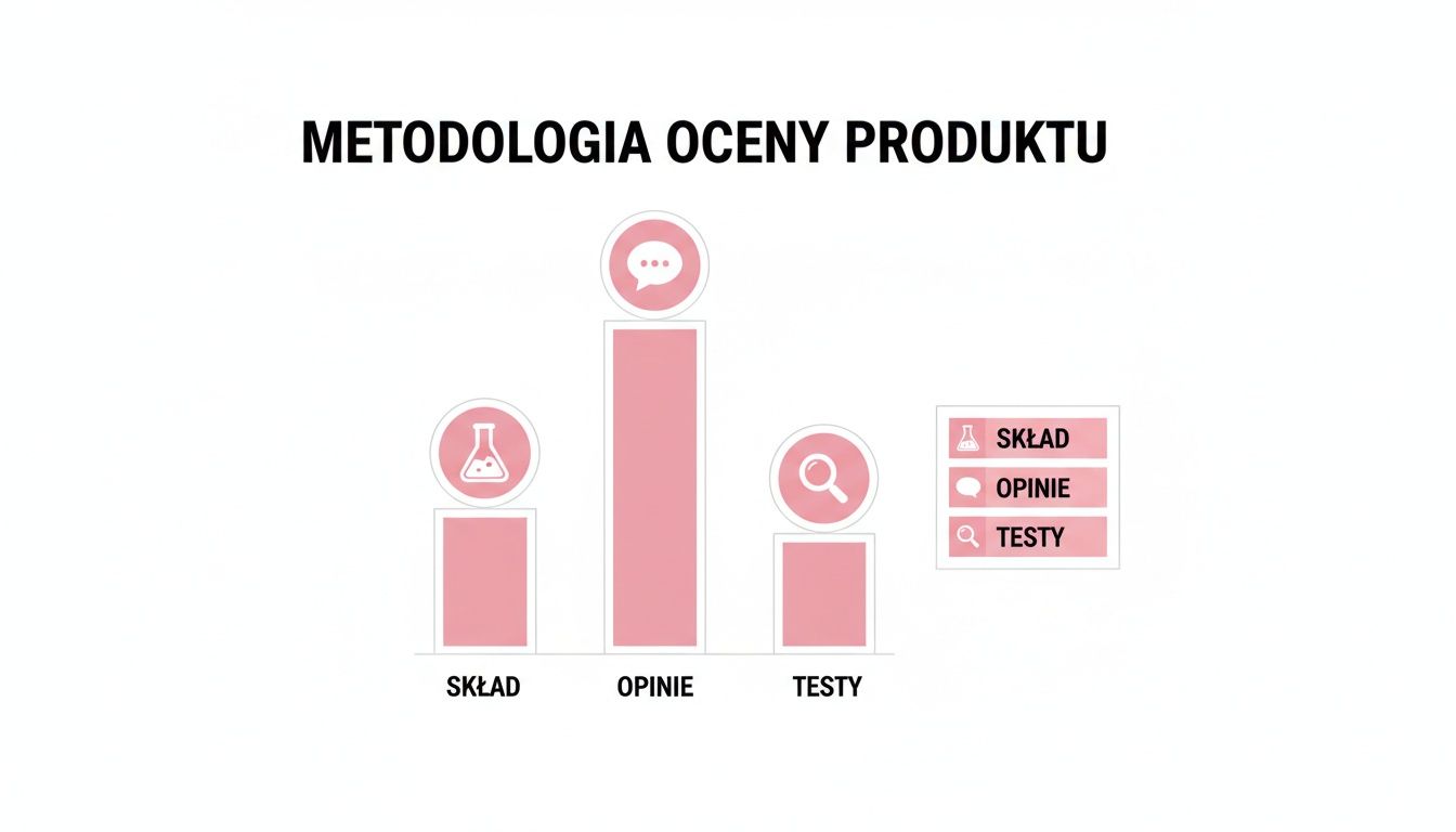 Infografika przedstawiająca metodologię oceny produktu z kategoriami: skład, opinie i testy.