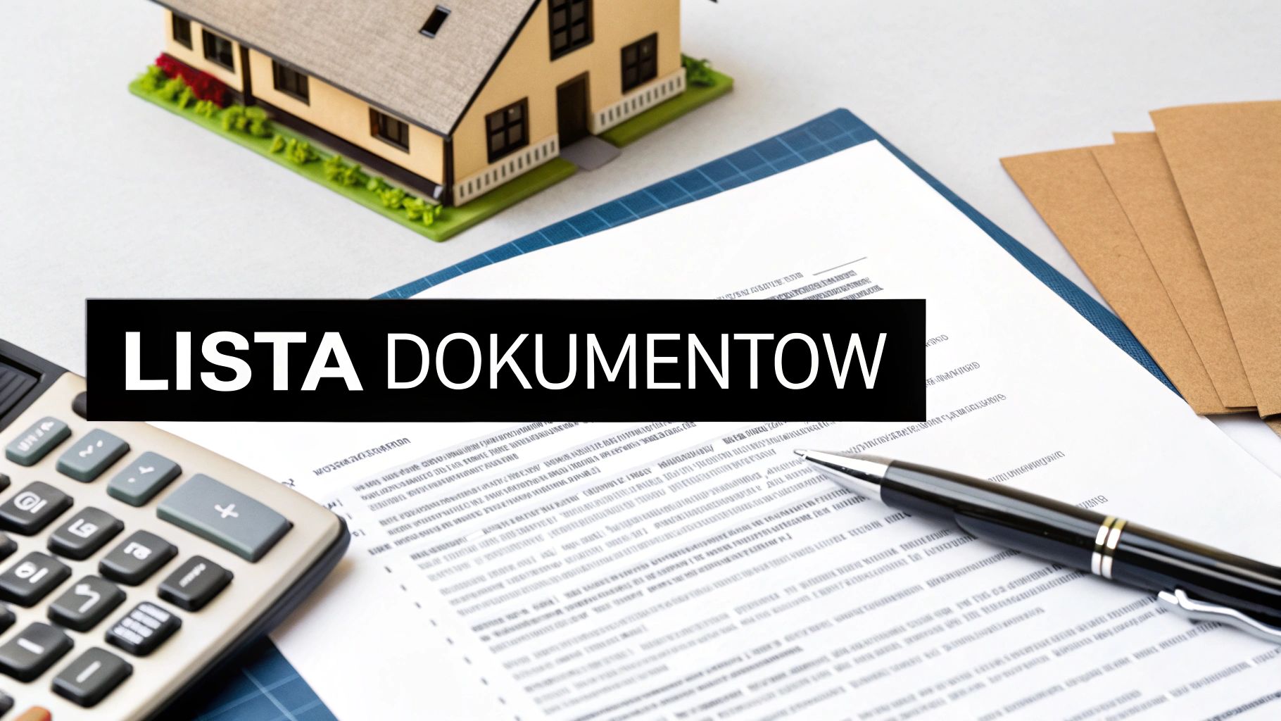 Miniaturowy dom, kalkulator i długopis na tle dokumentu z napisem 'Lista Dokumentów' oraz kopert.