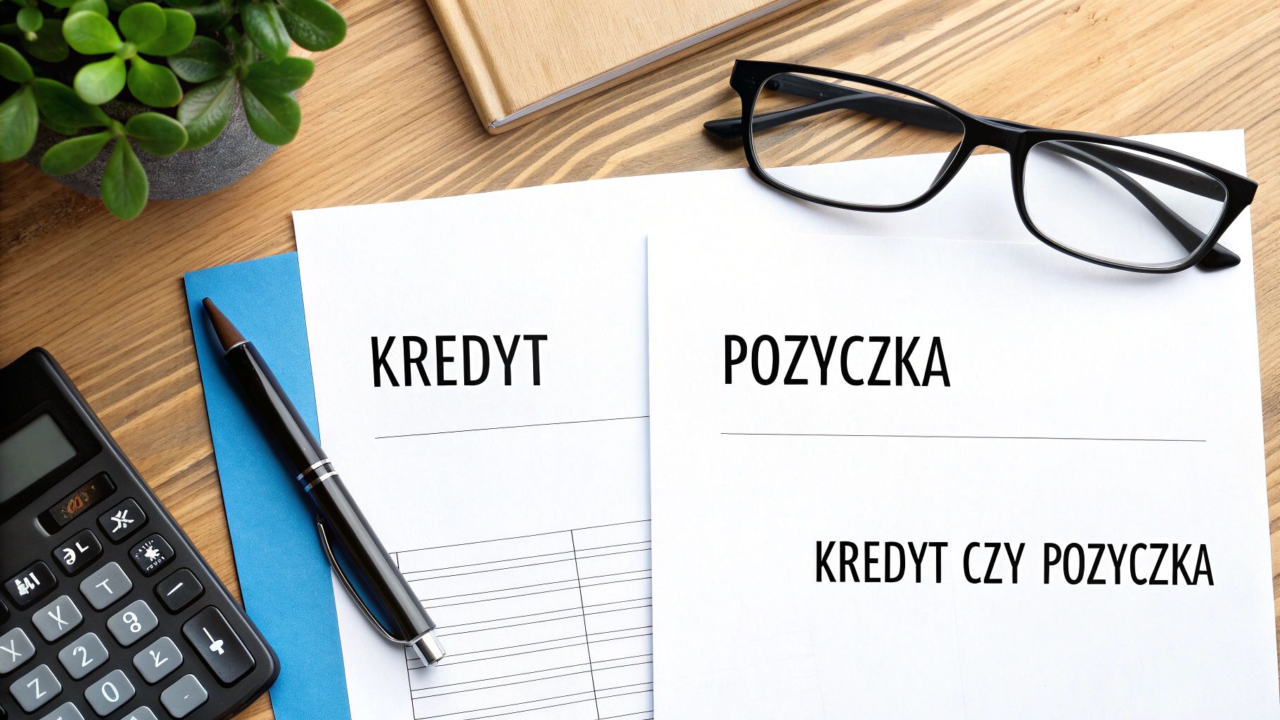 Dokumenty z napisami KREDYT i POŻYCZKA, kalkulator, długopis i okulary na drewnianym biurku.