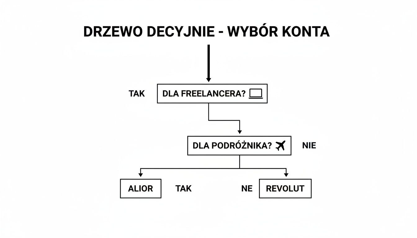 Diagram drzewa decyzyjnego przedstawiający wybór konta bankowego dla freelancera lub podróżnika.