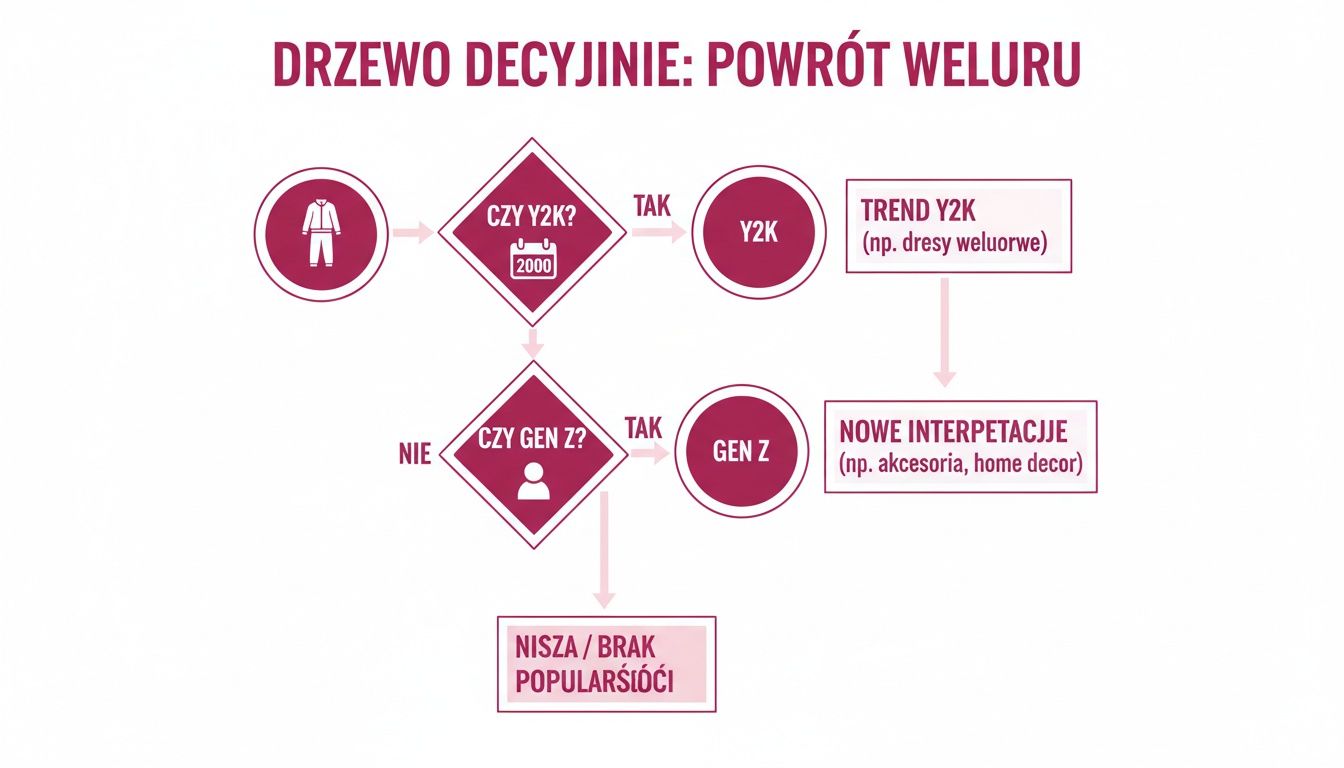 Schemat drzewa decyzyjnego analizujący powrót weluru w modzie, dla pokolenia Y2K i Gen Z.