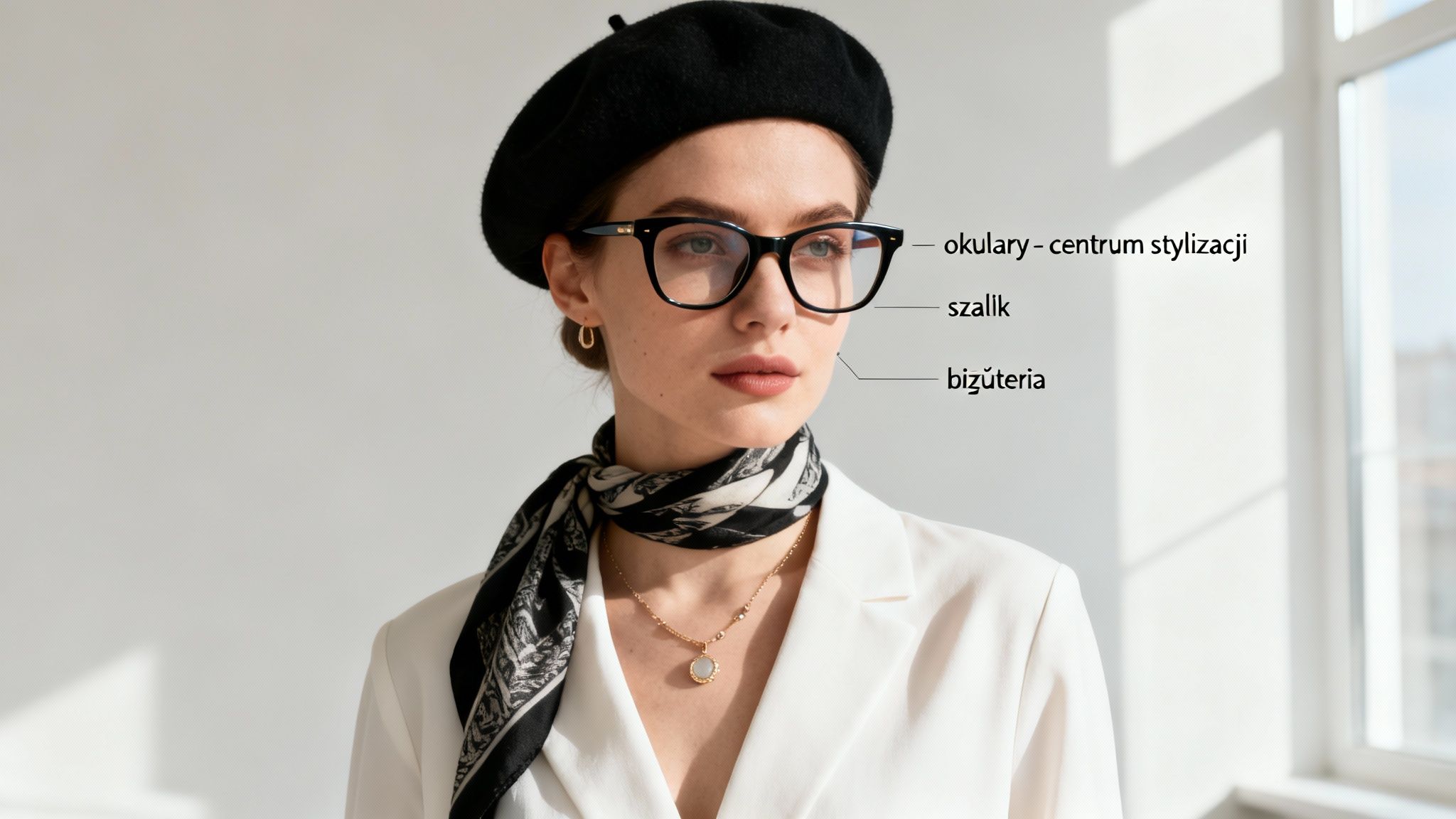 Elegancka kobieta w czarnym berecie i okularach, z apaszką i biżuterią, prezentująca stylizację.