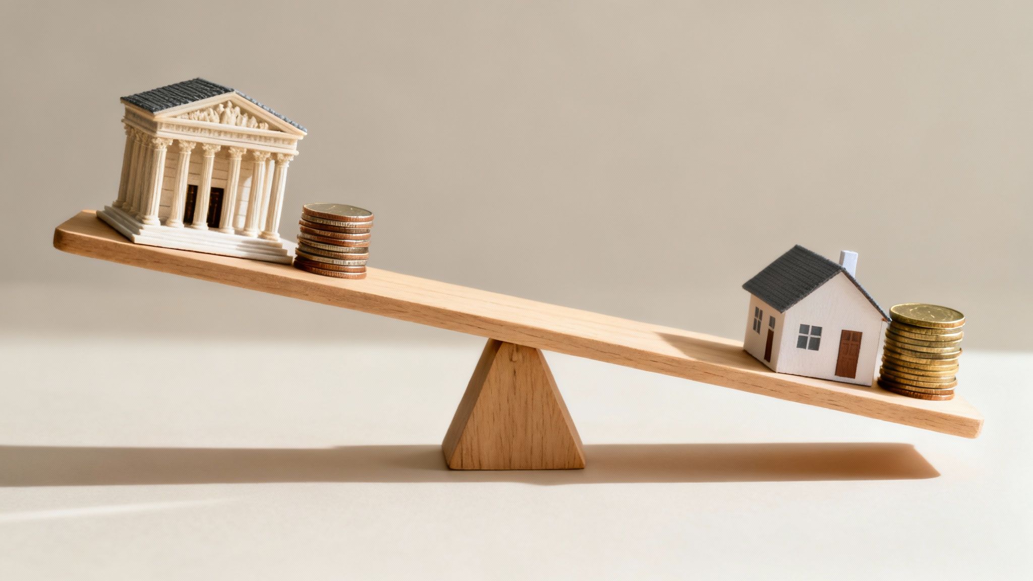 Miniaturowy bank i stos monet przeważają miniaturowy dom na drewnianej wadze, symbolizując inwestycje finansowe.