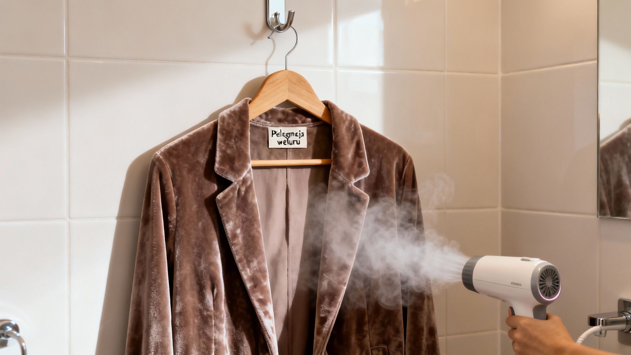 Osoba używa parownicy do ubrań, aby odświeżyć brązową welurową marynarkę wiszącą w łazience.