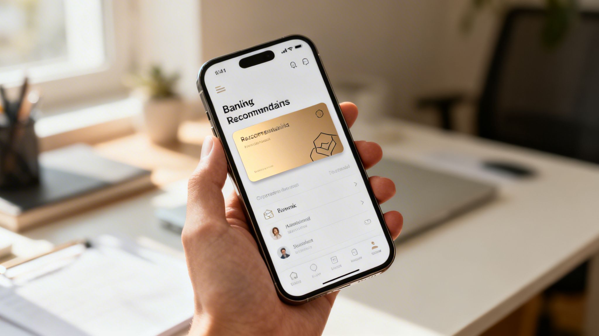 Ręka trzyma smartfon z aplikacją bankową, wyświetlającą złotą kartę kredytową na rozmytym tle biurka.