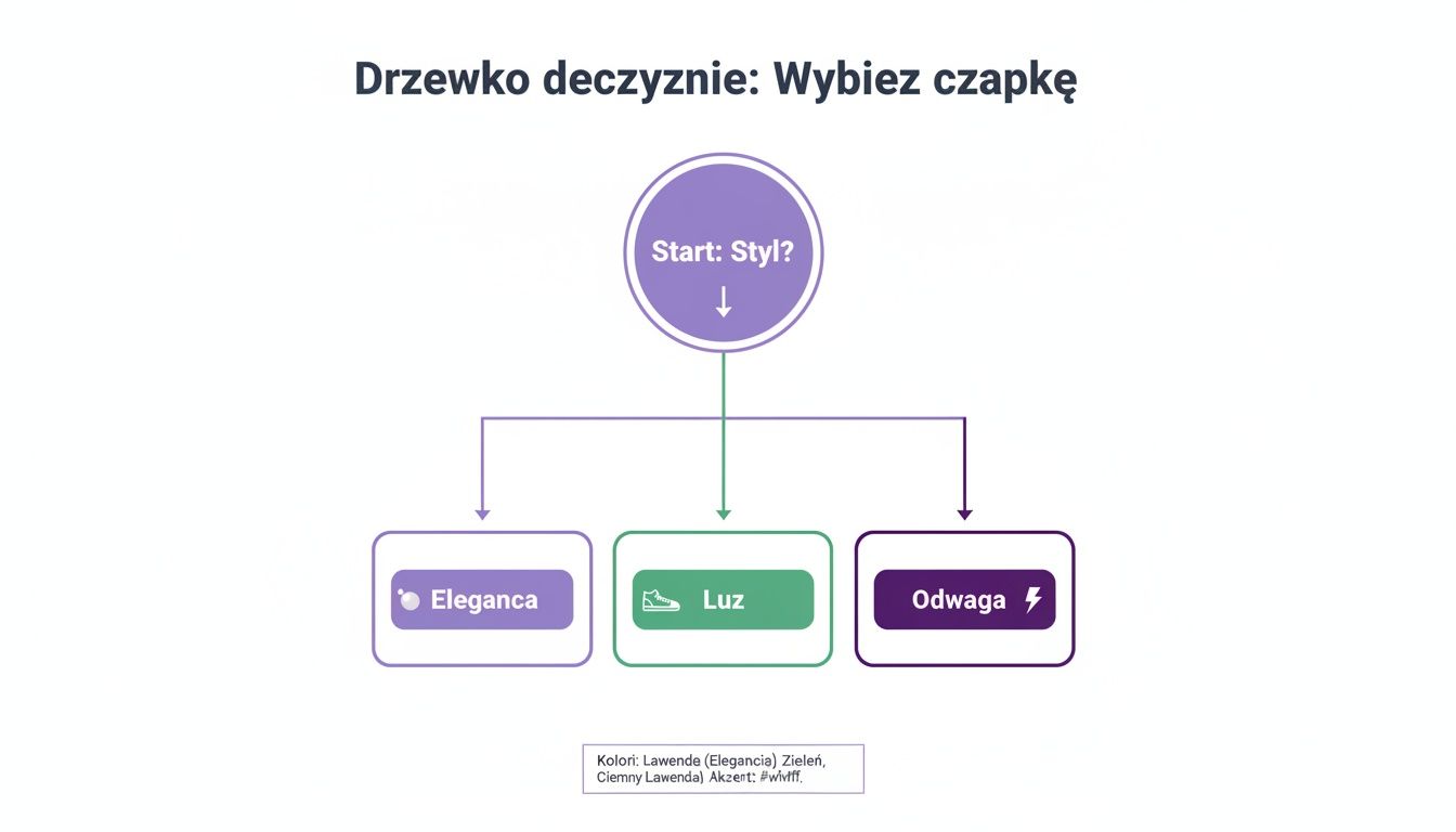 Drzewko decyzyjne do wyboru czapki, oferujące trzy style: Elegancja, Luz i Odwaga.