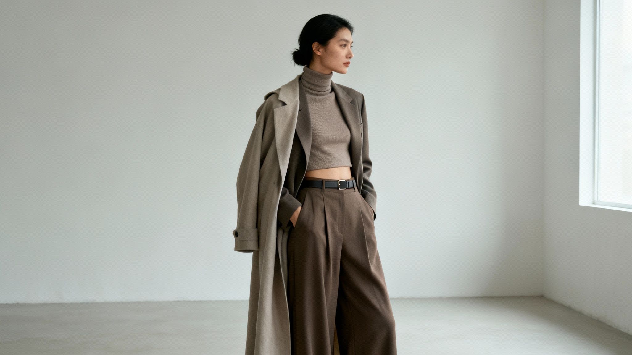 Kobieta w eleganckim, jesiennym stroju: beżowy golf, brązowe spodnie, długi płaszcz, pozuje w jasnym wnętrzu.