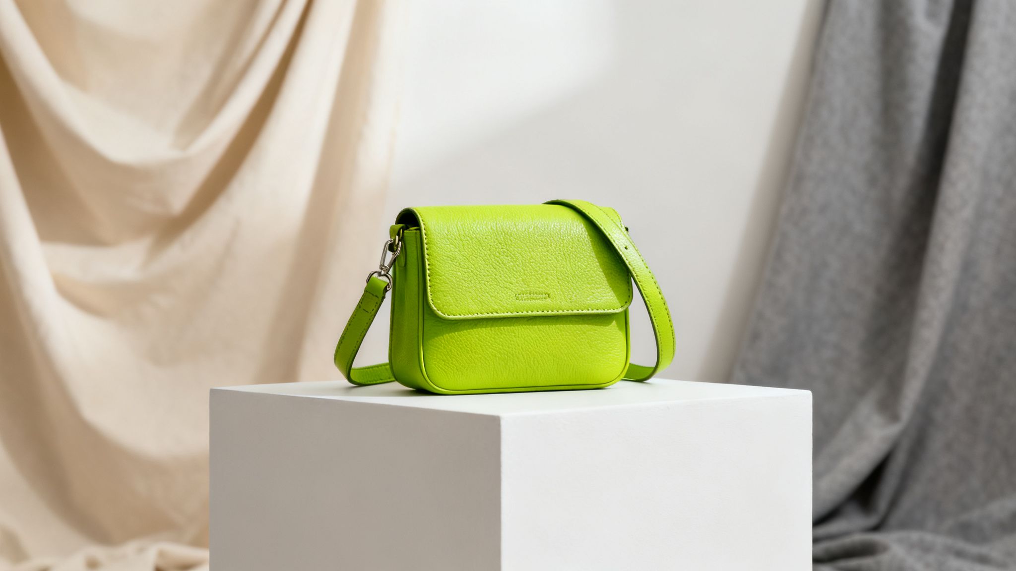 Jaskrawozielona skórzana torebka crossbody o teksturowanej powierzchni, prezentowana na białym postumencie.