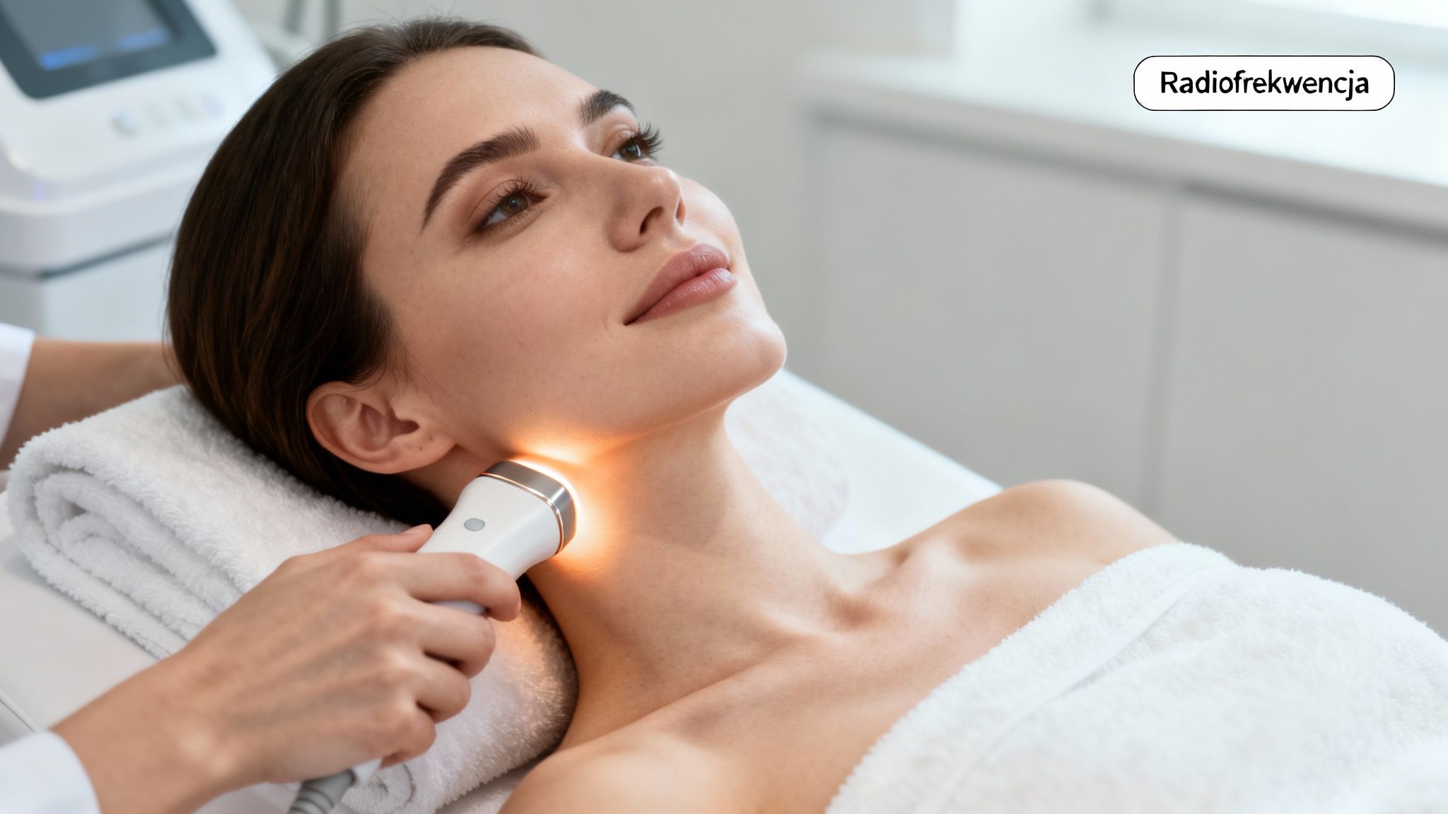 Kobieta poddaje się zabiegowi radiofrekwencji na szyi. Kosmetolog używa urządzenia emitującego ciepłe światło.