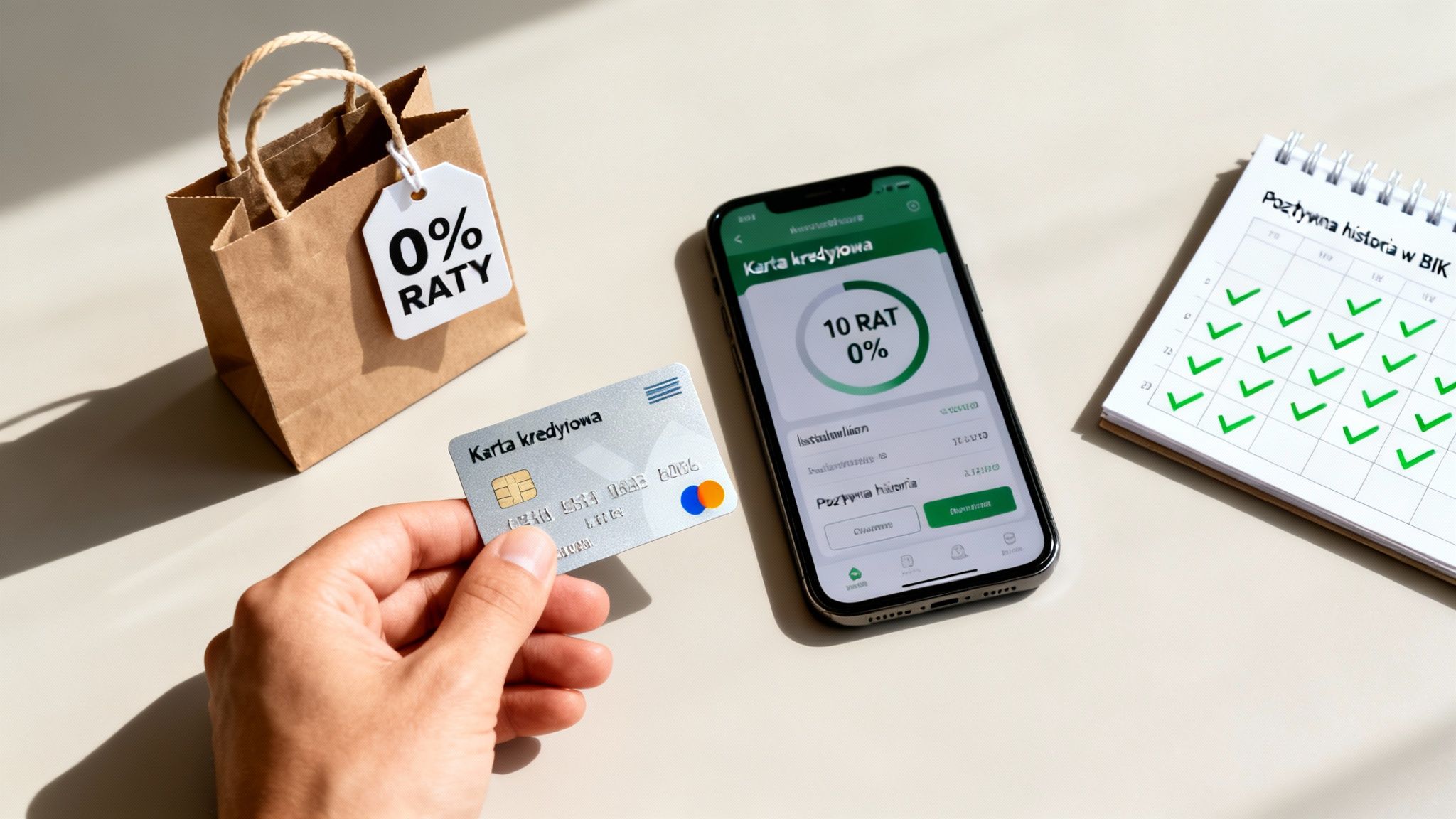 Osoba trzymająca kartę kredytową, obok telefon z aplikacją bankową, torba z etykietą '0% raty' i kalendarz BIK.