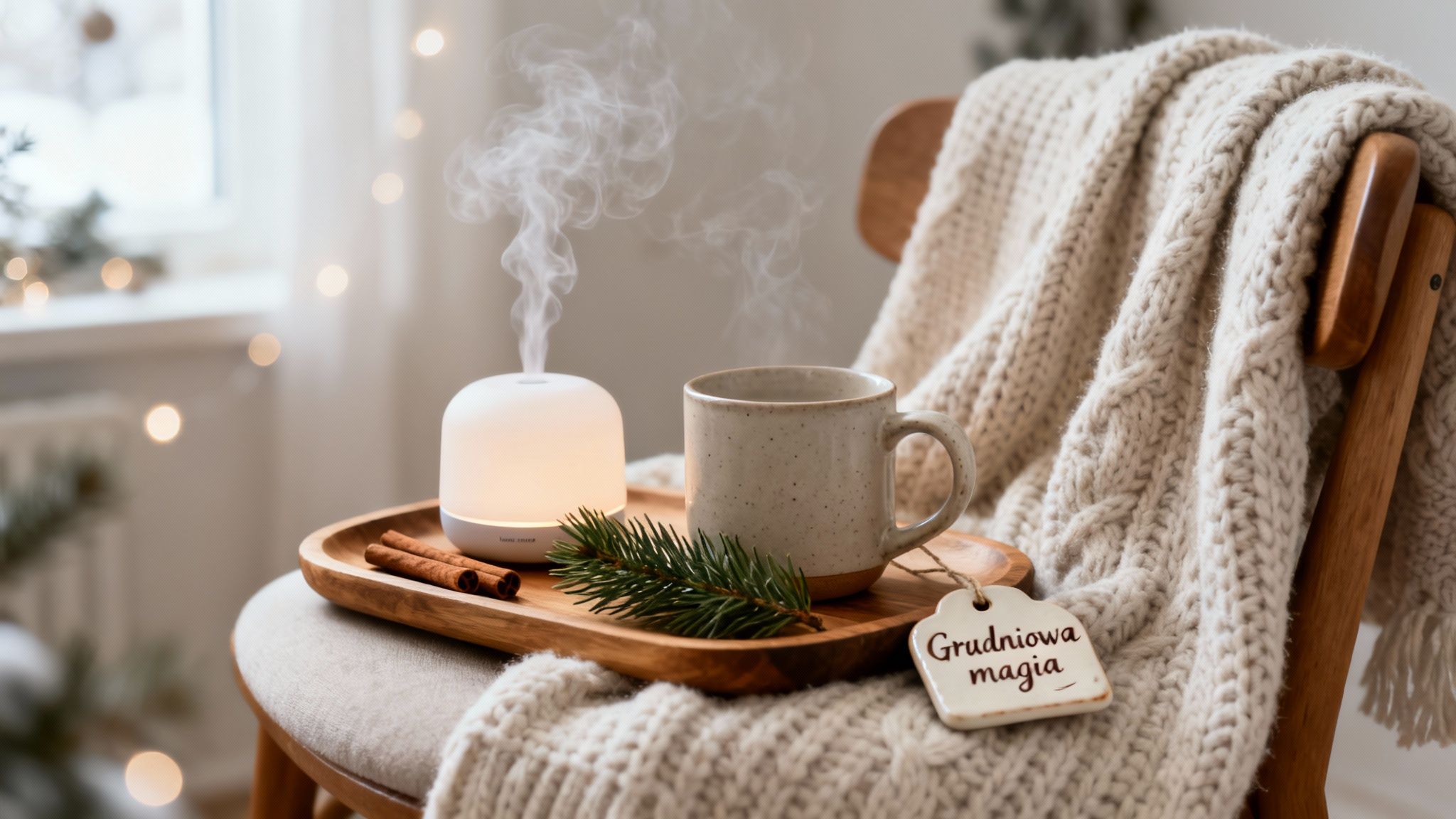 Przytulna zimowa scena z dyfuzorem, parującym kubkiem, cynamonem i gałązką jodły na drewnianej tacy.