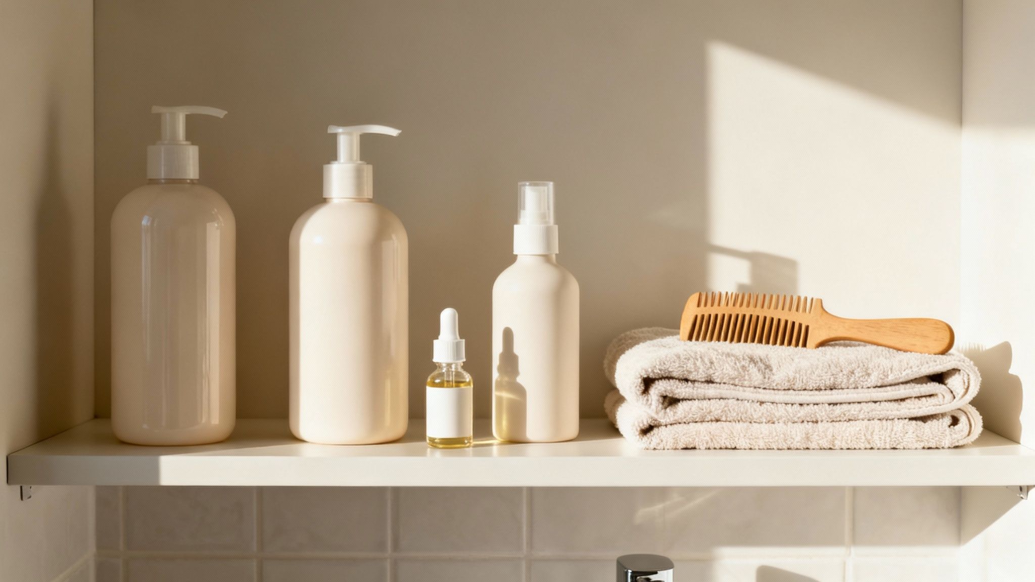 Butelki z kosmetykami do włosów, olejek, ręczniki i drewniany grzebień na półce, oświetlone słońcem.