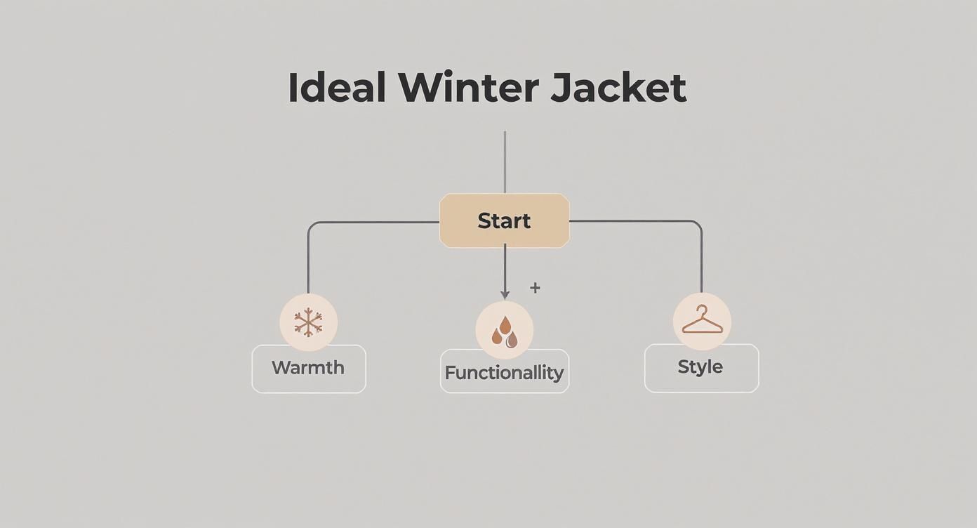 Schemat blokowy 'Idealna Kurtka Zimowa' przedstawiający kluczowe aspekty: ciepło, funkcjonalność i styl.