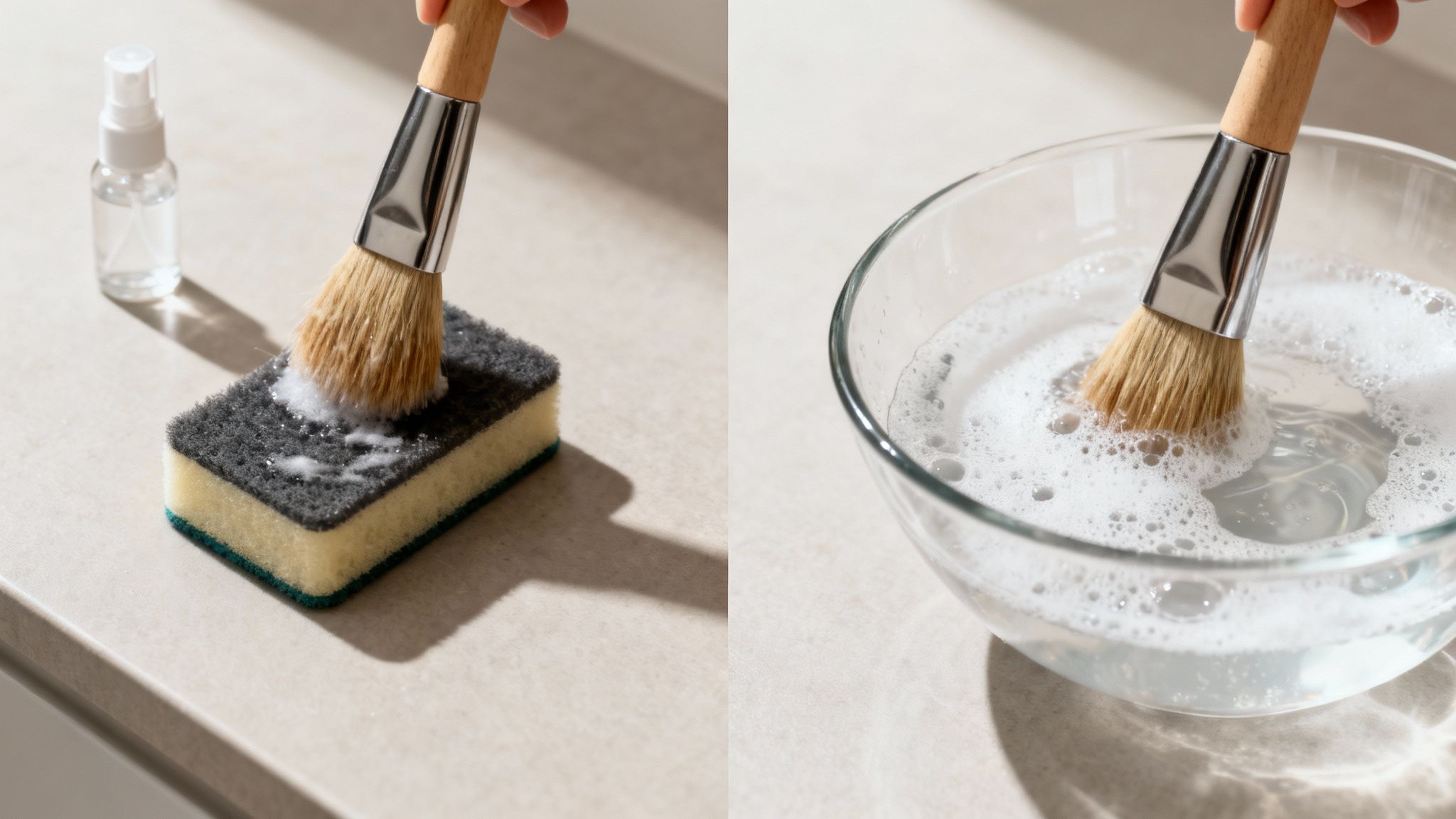 Ręce myją pędzel do makijażu na gąbce z mydłem, a następnie płuczą w misce z wodą.