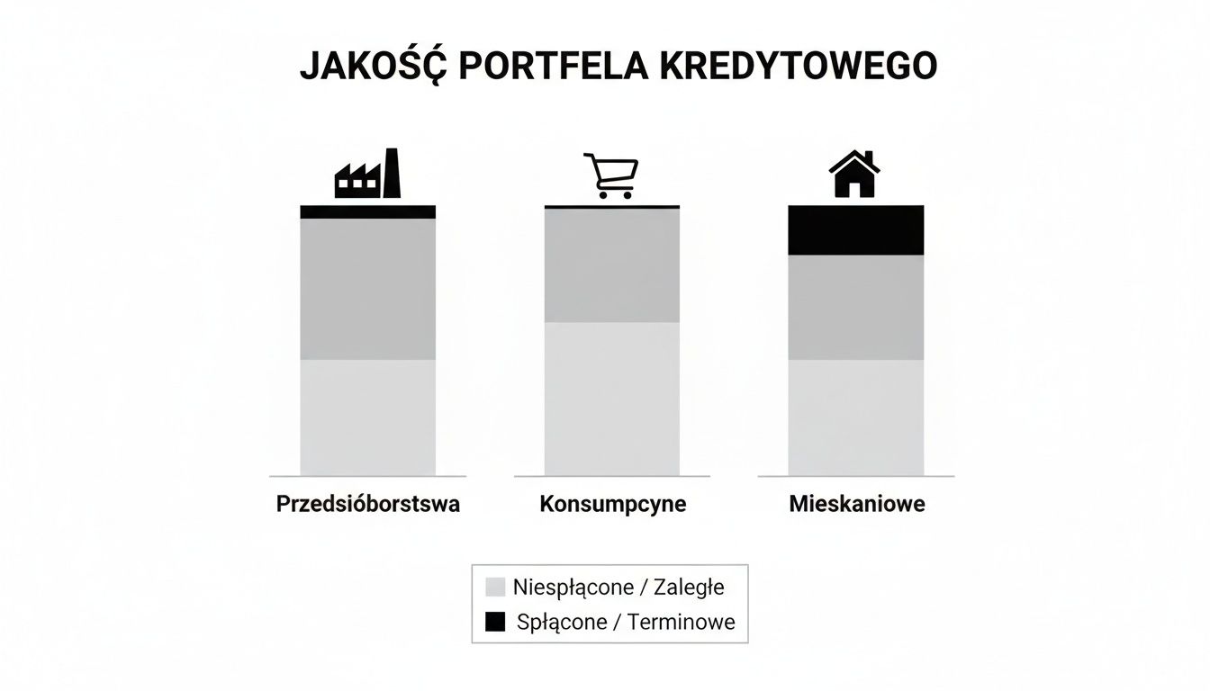Wykres słupkowy prezentujący jakość portfela kredytowego, z podziałem na kredyty dla firm, konsumpcyjne i mieszkaniowe, ukazujący proporcje spłaconych i niespłaconych zobowiązań.