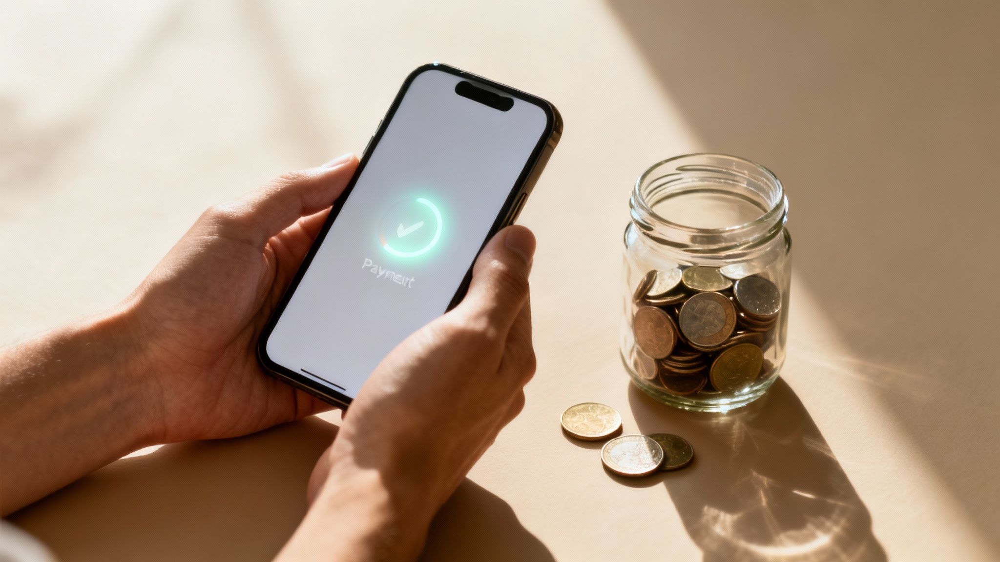 Osoba trzymająca smartfon z ekranem potwierdzającym płatność, obok słoik z monetami.