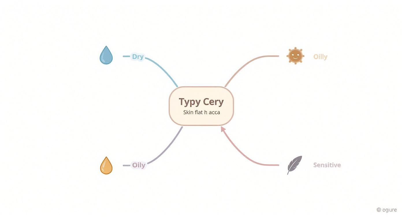 Mapa myśli przedstawiająca typy cery: sucha, tłusta i wrażliwa, z ikonami kropli, słońca i piórka.