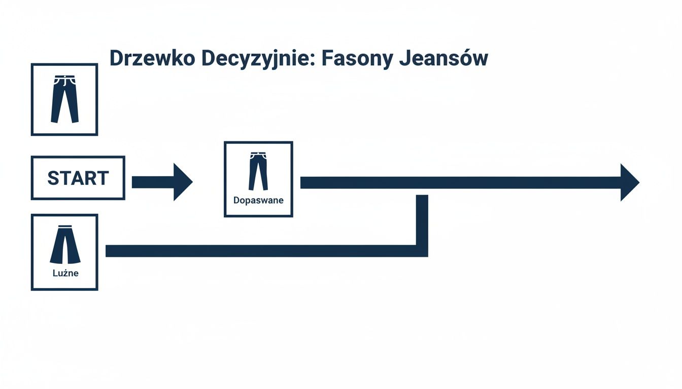 Diagram przedstawiający drzewko decyzyjne wyboru fasonów jeansów, zaczynające się od STARTU, z opcjami dopasowanych i luźnych jeansów.