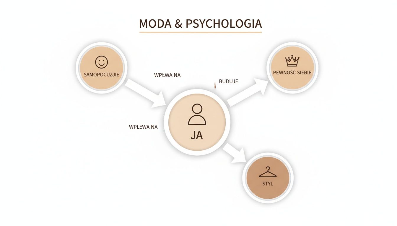 Schemat "Moda & Psychologia" przedstawiający, jak samopoczucie i styl wpływają na ja oraz budują pewność siebie.