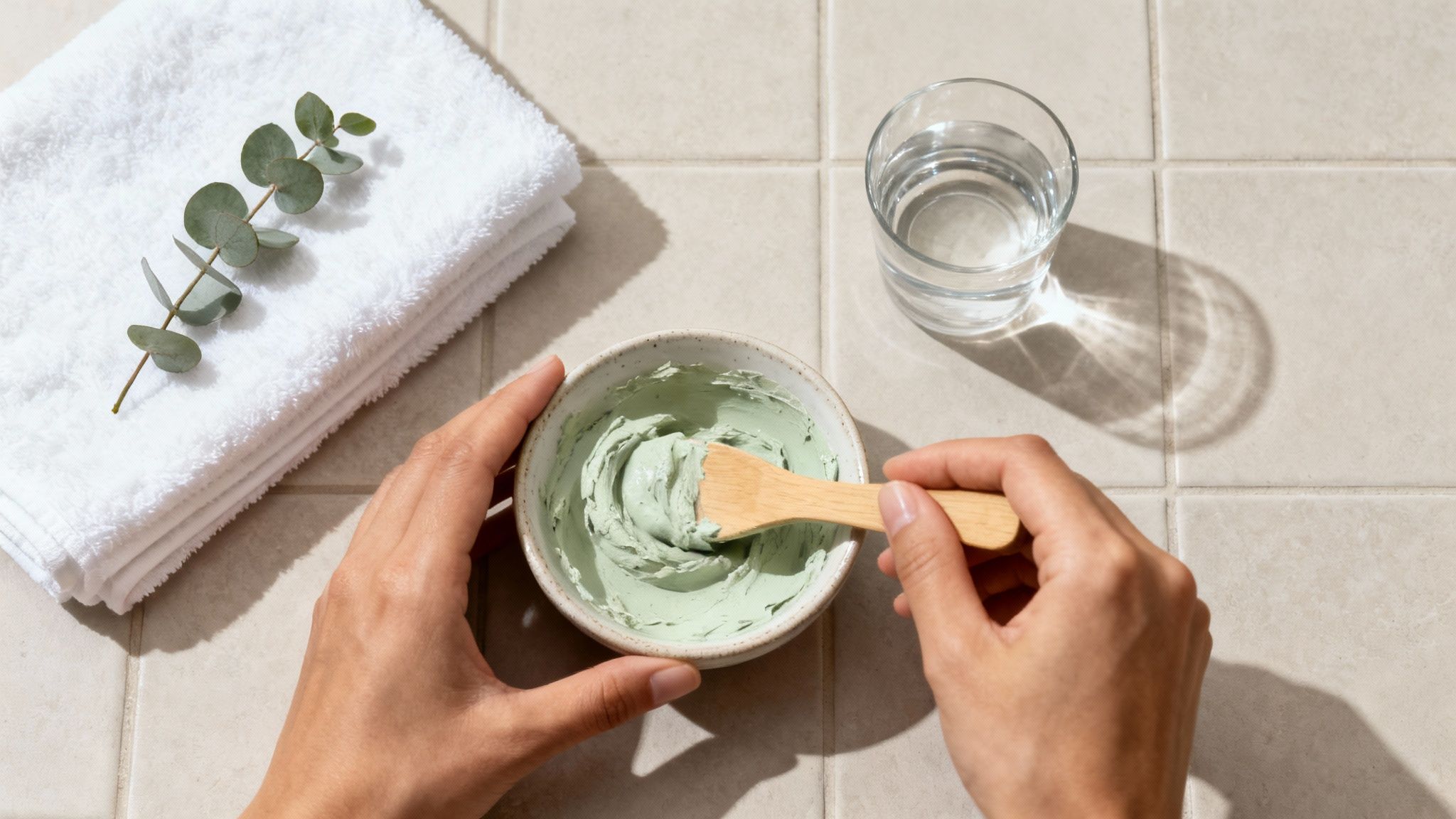 Dłonie mieszające zieloną maseczkę w misce, obok biały ręcznik z gałązką eukaliptusa i szklanka wody.