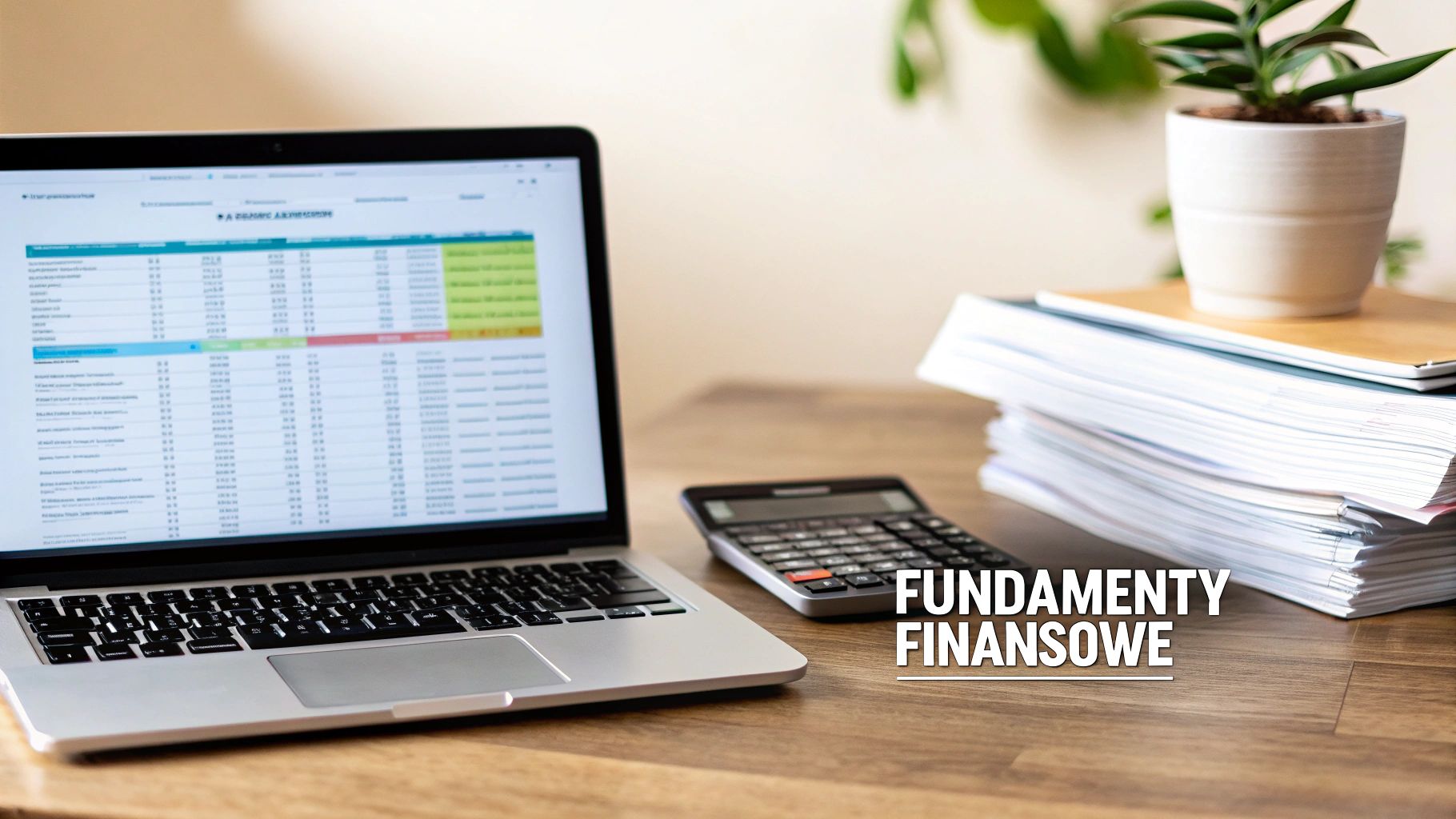 Laptop z arkuszem kalkulacyjnym, kalkulator, stos dokumentów i roślina na biurku. Napis: 'FUNDAMENTY FINANSOWE'.