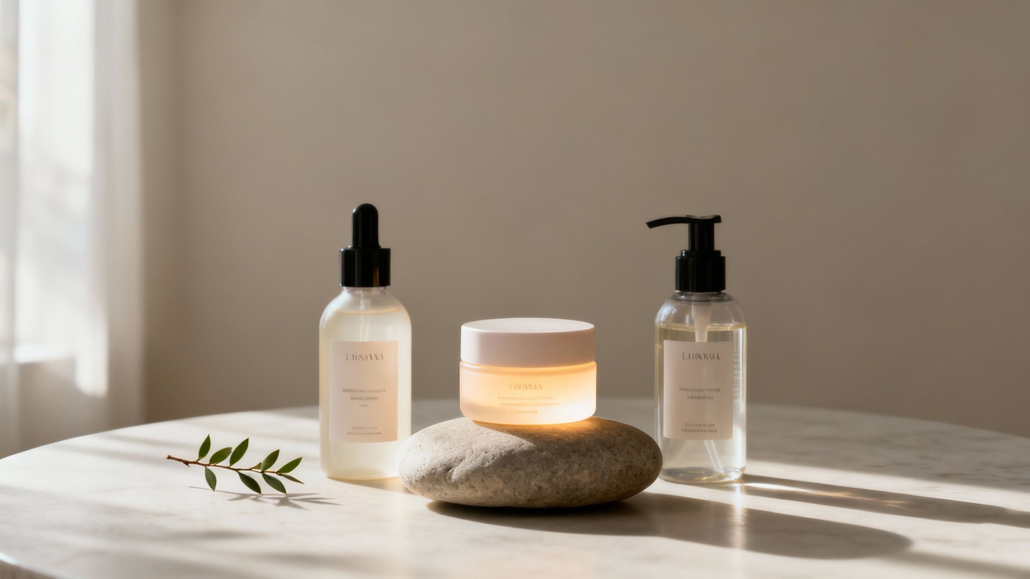 Trzy naturalne kosmetyki do pielęgnacji skóry – dwie butelki i słoiczek na kamieniu, z zieloną gałązką, w naturalnym świetle.
