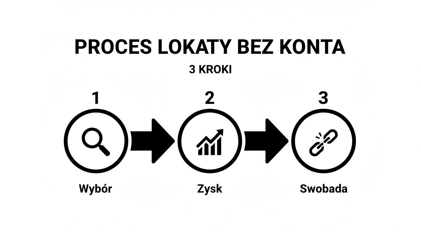 Infografika przedstawiająca trzystopniowy proces lokaty bez konta: wybór, zysk i swoboda, z odpowiednimi ikonami.