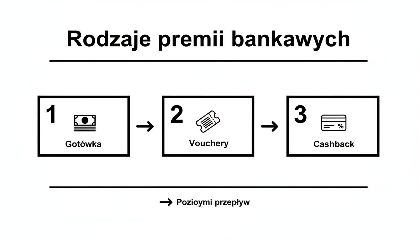 Diagram przedstawiający rodzaje premii bankowych: gotówka, vouchery i cashback w formie poziomych przepływów.