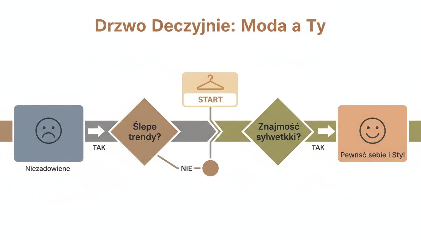 Drzewo decyzyjne o modzie i stylu. Pokazuje, jak unikanie ślepych trendów i znajomość sylwetki prowadzą do pewności siebie.