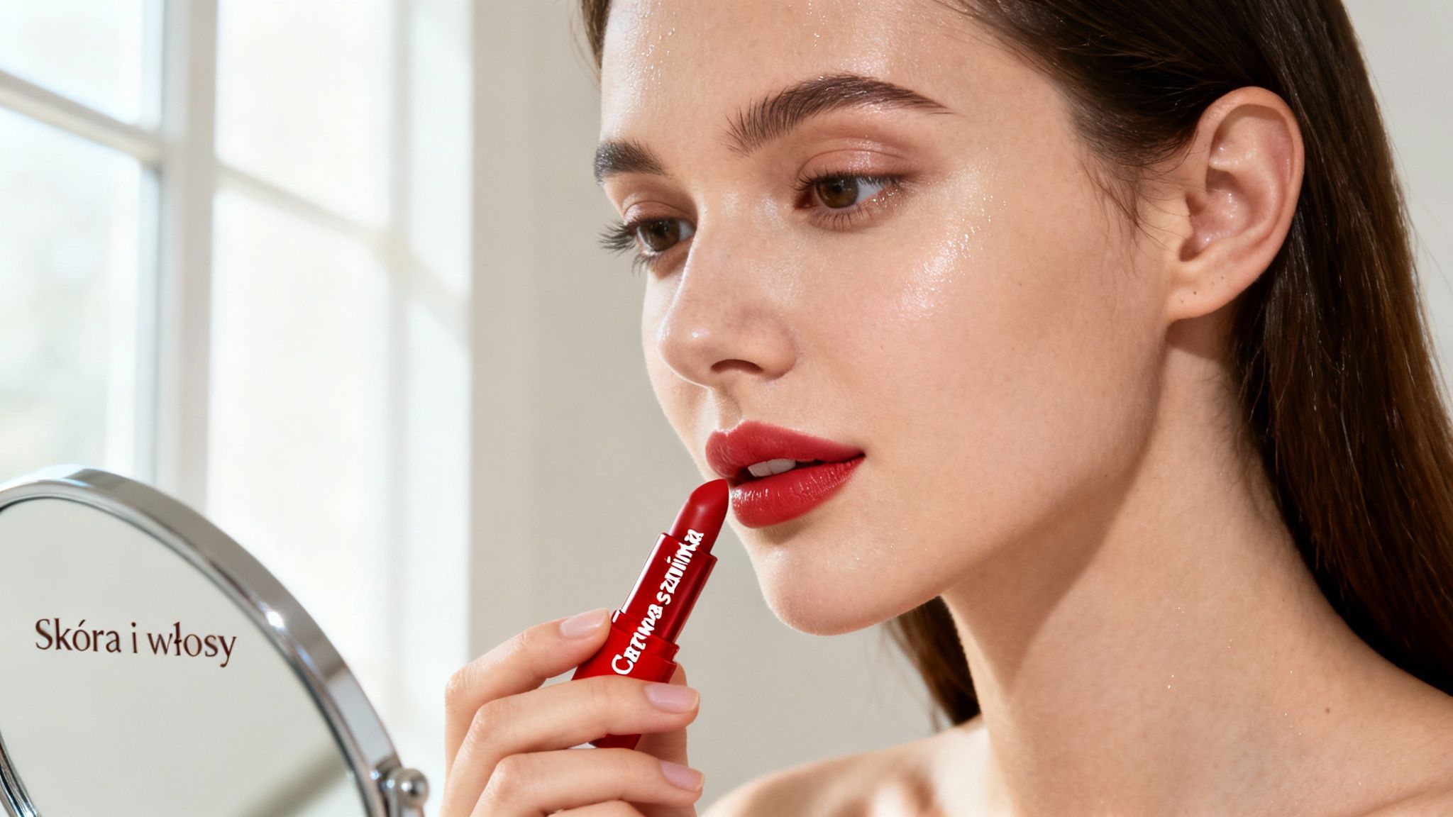 Kobieta nakładająca czerwoną szminkę, patrząca w lustro, w którym odbija się napis "Skóra i włosy".