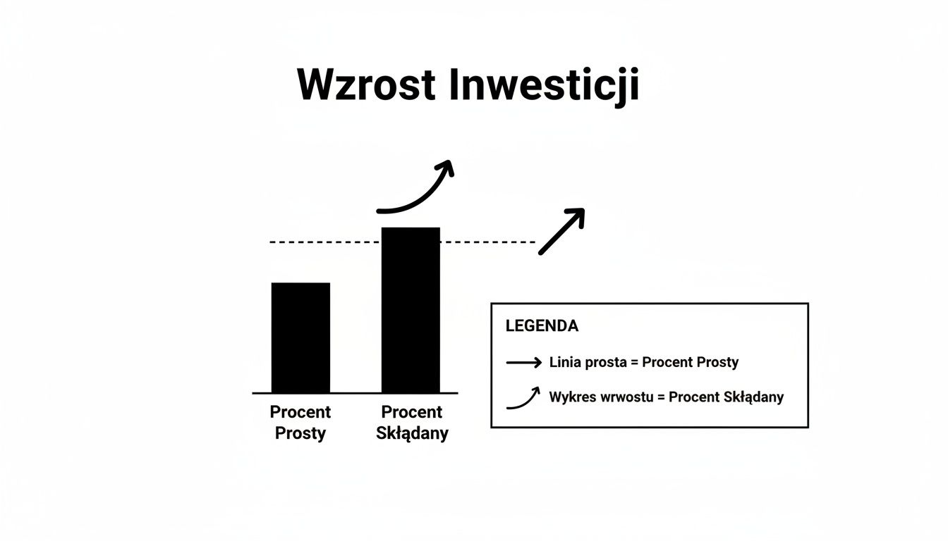 Wykres porównujący wzrost inwestycji z procentem prostym i składanym, ukazujący znacząco wyższy wzrost dzięki procentowi składanemu.
