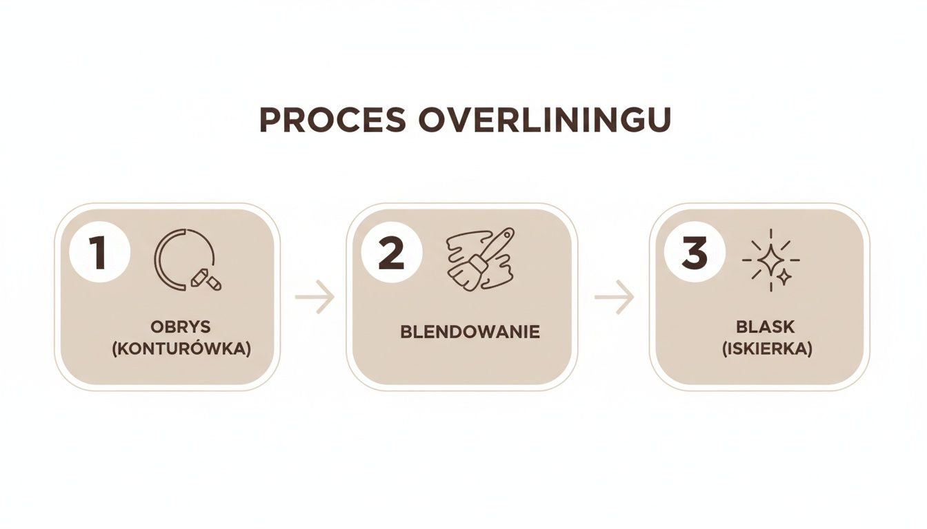 Trzy kroki procesu overliningu ust: najpierw obrys konturówką, następnie blendowanie, a na koniec dodawanie blasku.