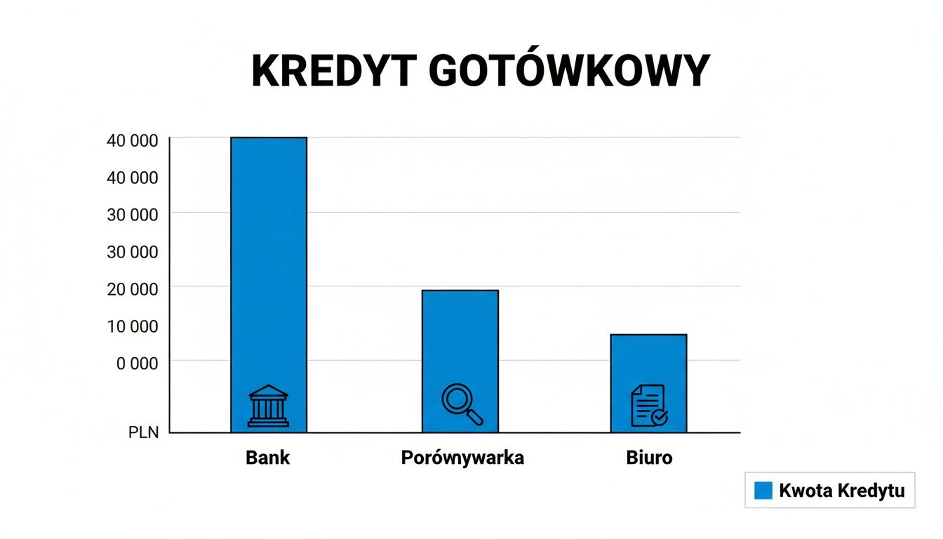 Najniższe oprocentowanie kredytu gotówkowego: porównaj oferty 3 - Scori Wykres słupkowy prezentujący kwoty kredytów gotówkowych oferowanych przez banki, porównywarki i biura.