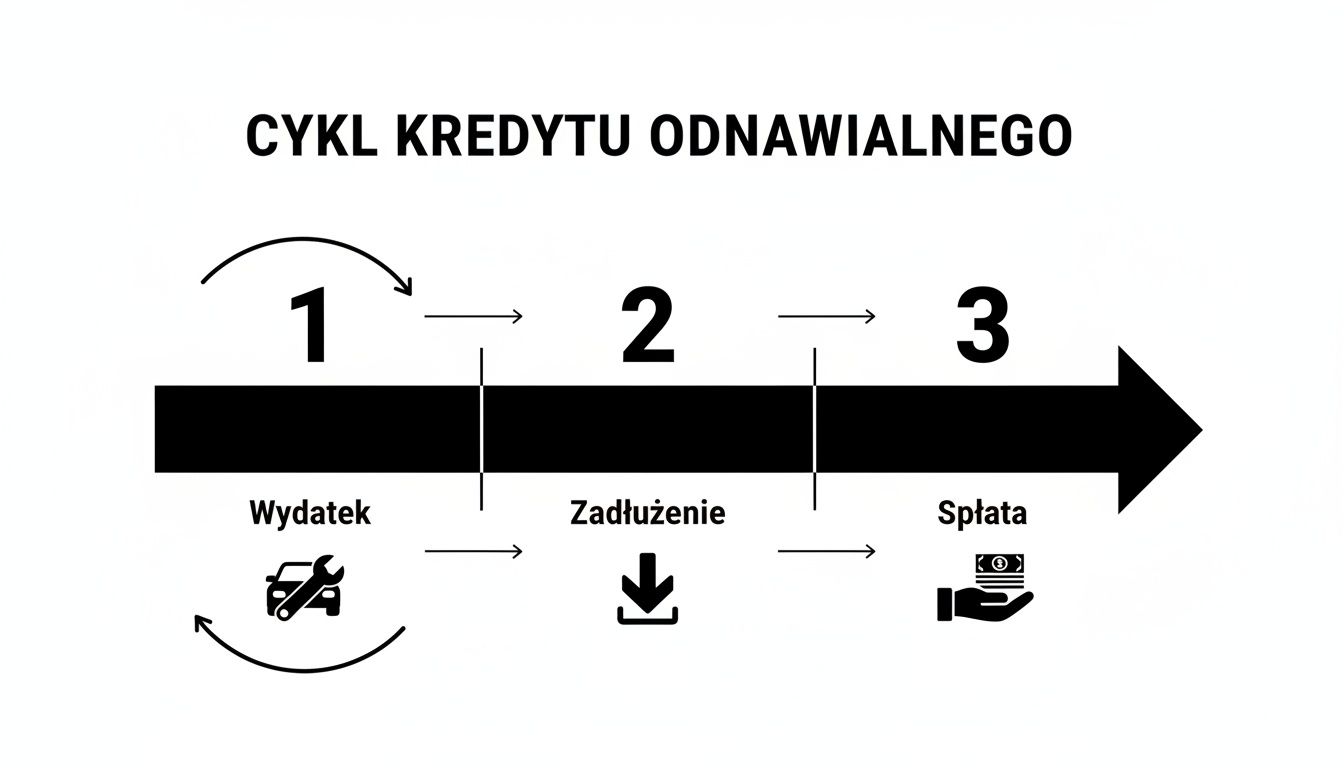 Infografika przedstawiająca cykl kredytu odnawialnego w trzech krokach: wydatek, zadłużenie i spłata.