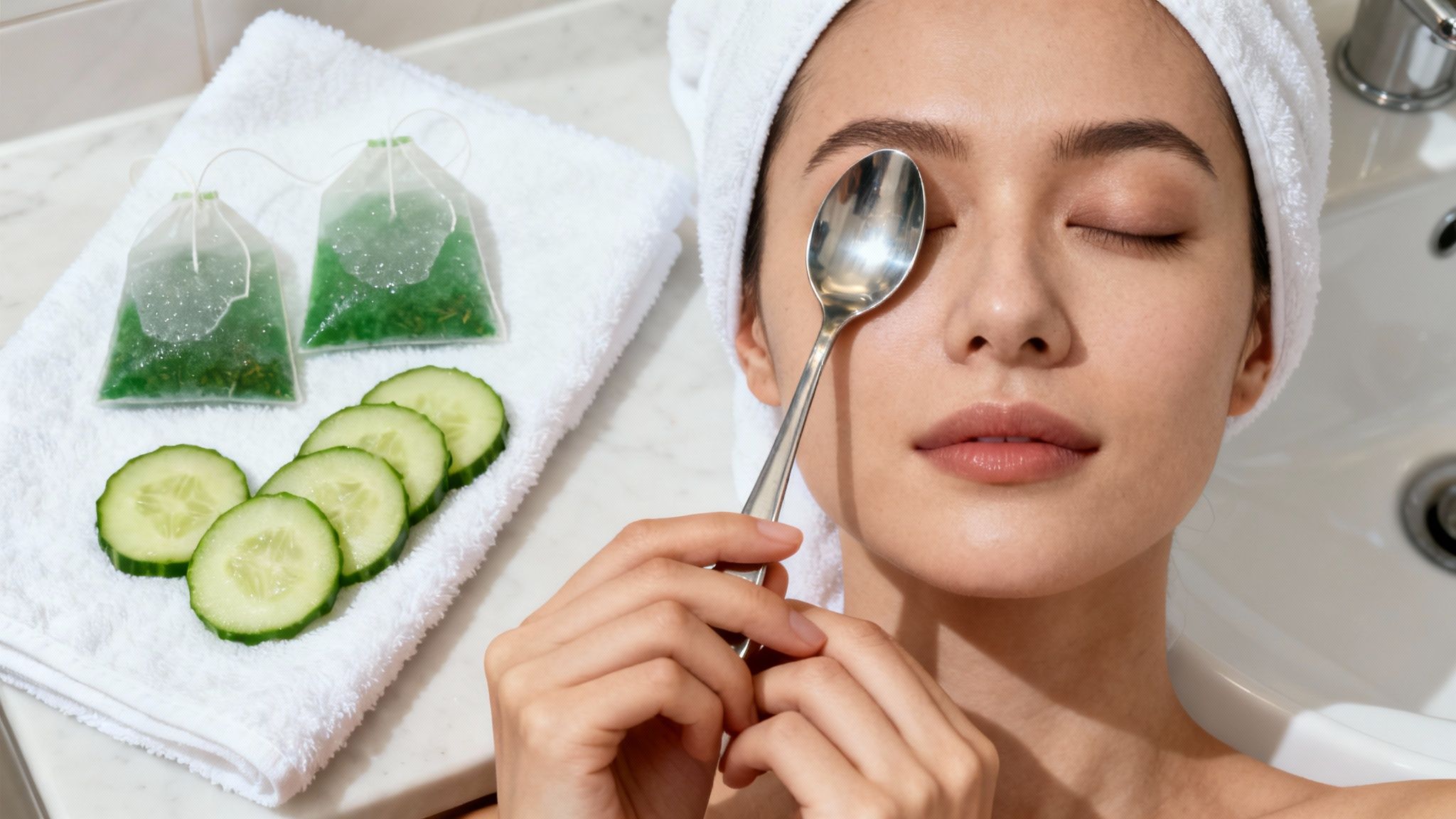 Kobieta relaksuje się w wannie, trzymając łyżeczkę na zamkniętym oku. Obok leżą plastry ogórka i torebki herbaty.