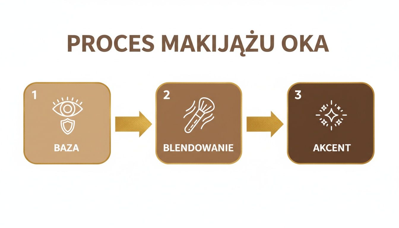 Infografika przedstawiająca trzystopniowy proces makijażu oka: baza, blendowanie i akcentowanie, z ikonami.