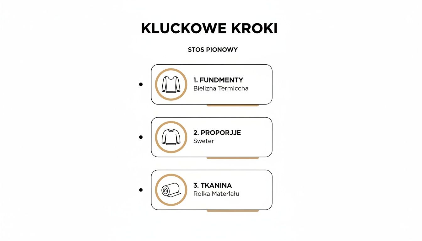 Grafika przedstawiająca kluczowe kroki w pionowym układaniu odzieży: fundamenty, proporcje i tkanina.