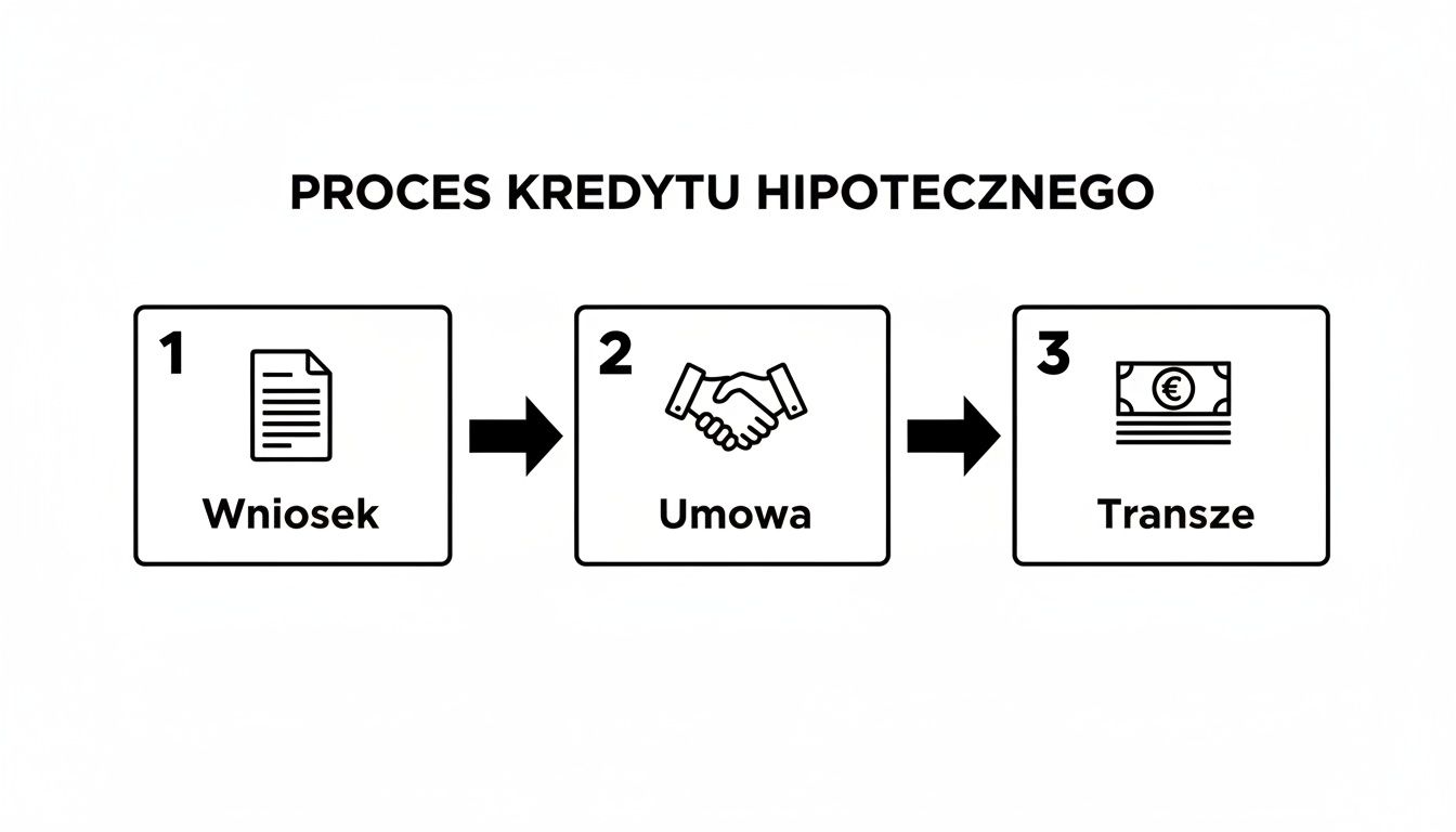 Diagram przedstawiający trzy etapy procesu kredytu hipotecznego: wniosek, umowa i wypłata transz.