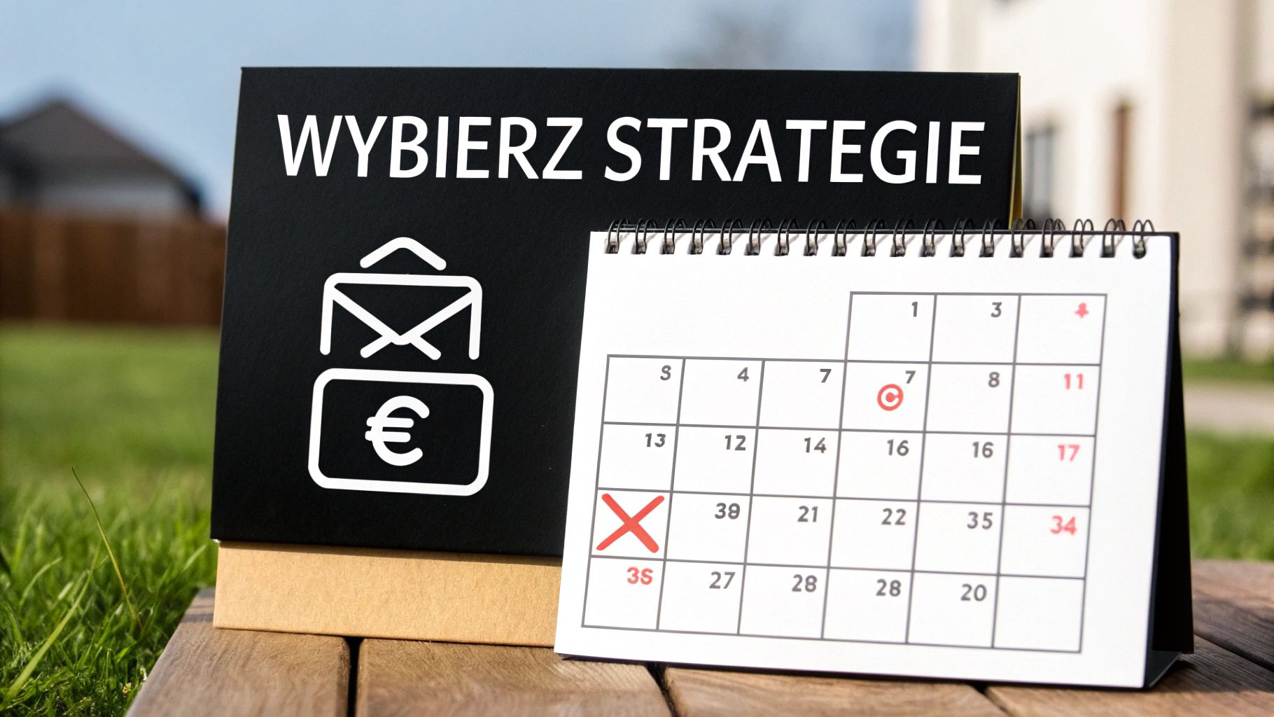 Czarny znak z napisem „Wybierz strategię”, ikoną koperty i euro oraz kalendarzem na drewnianym stole.