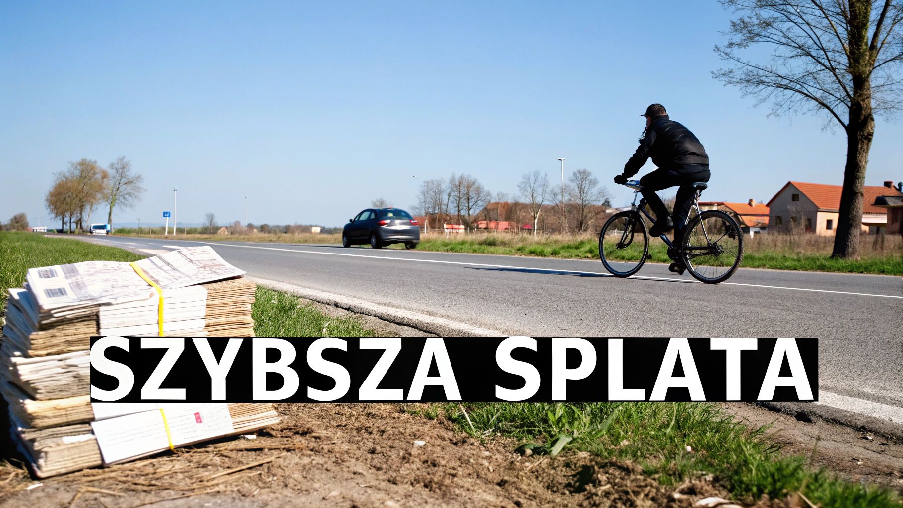 Mężczyzna jedzie na rowerze wzdłuż wiejskiej drogi. Obok drogi leżą stosy gazet. W tle widać samochód i domy.