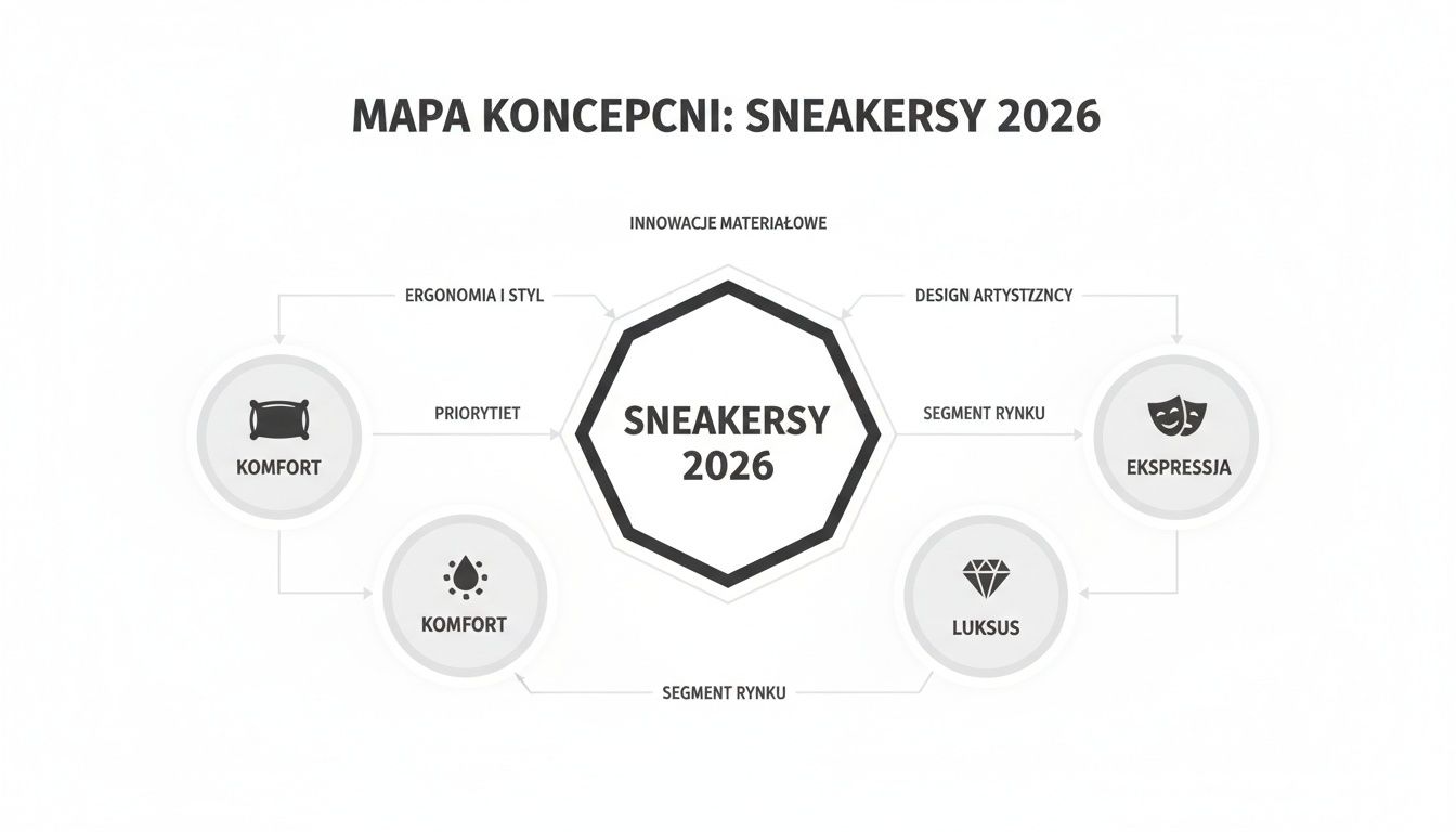 Mapa koncepcyjna dla sneakersów 2026, pokazująca aspekty takie jak komfort, luksus, ekspresja, innowacje materiałowe, ergonomia i styl.